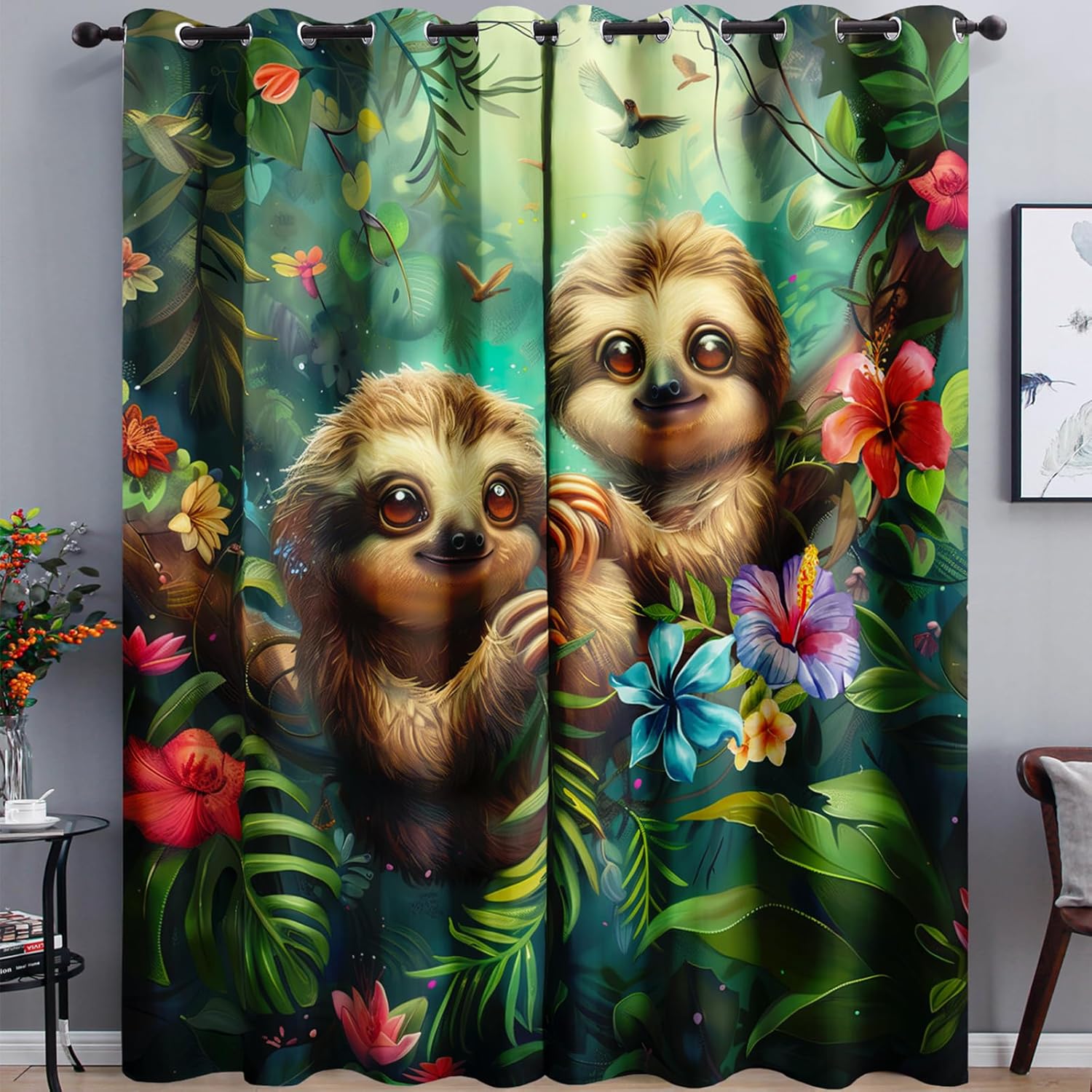 AILONEN Cute Sloth Window Curtain,Green Leaf Flower Window Drapes for Girls Boys,Kawaii Animal Theme Window Treatment Drapes for Bedroom Living Room Decor, 52" W x 63" H (2 Panels)
