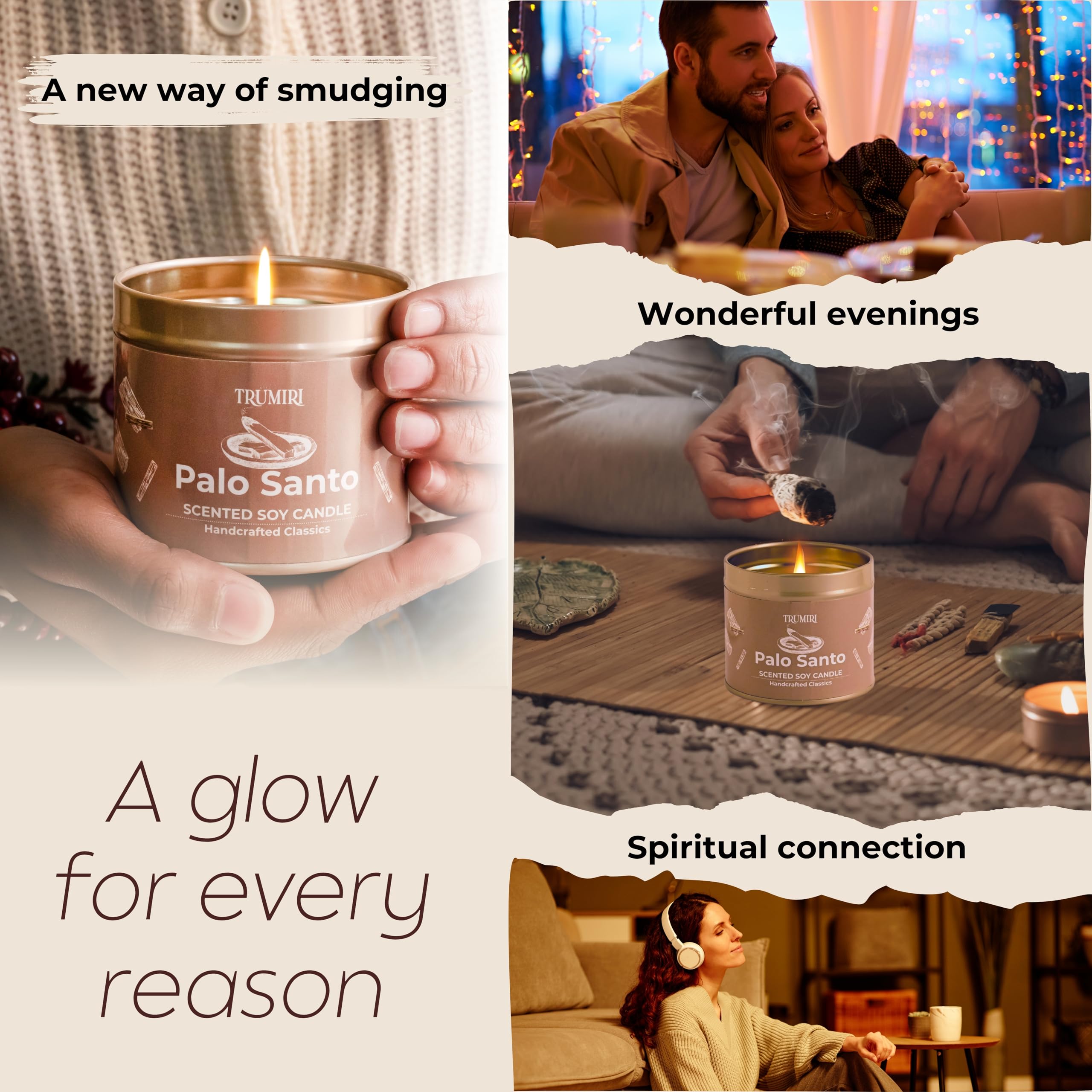 Palo Santo Kerze für Zuhause – stark duftend mit Citrin-Kristallen – Packung mit 3 x 142 g Sojawachs, organisch, ungiftig, für Aromatherapie, Entspannung, Meditation, Raumdekoration für Männer,