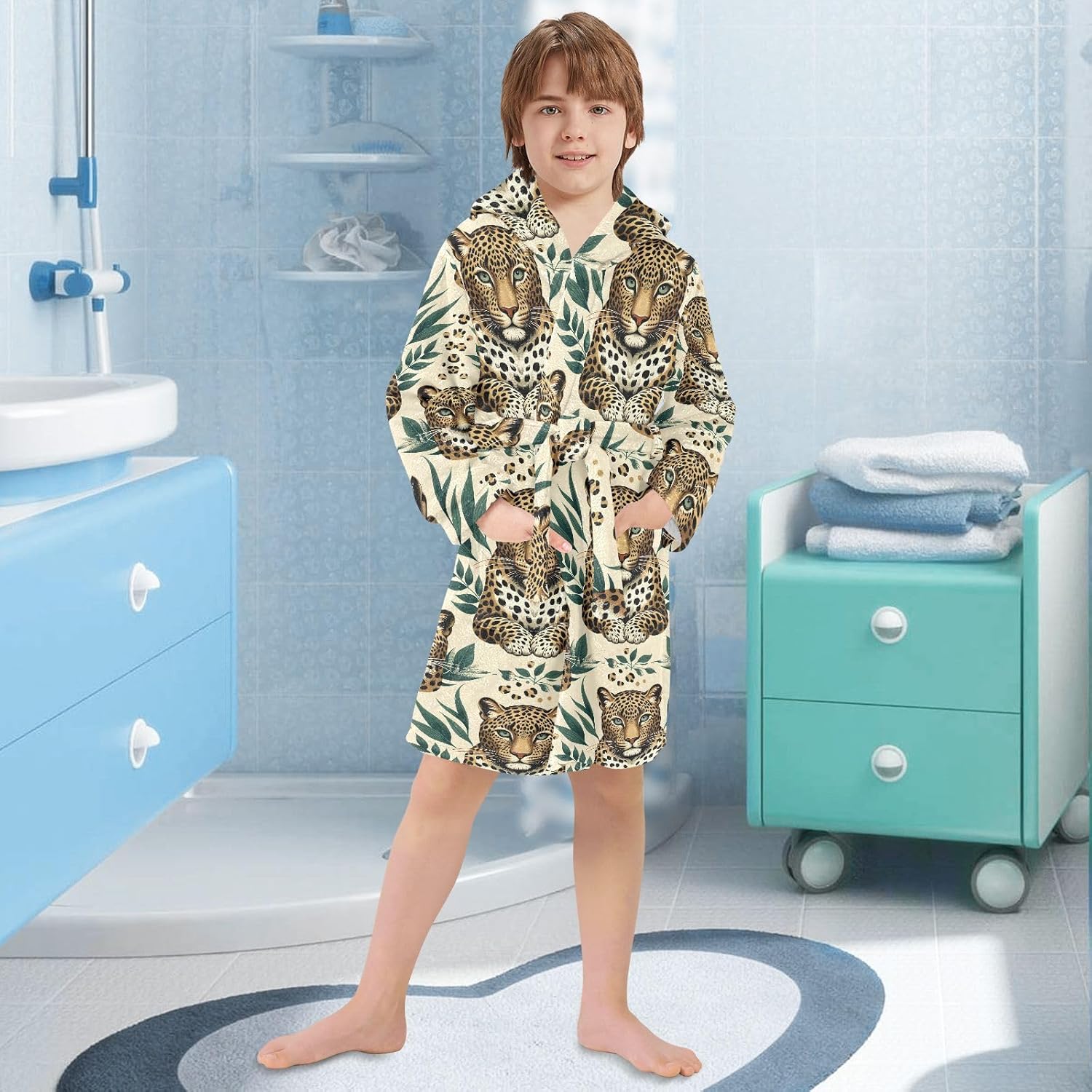 senya Leopard Tropical Toddler Hooded Bathrobe Kids Soft Plush Bath Towel Robes for Boys Girls 2-12 Years