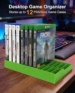 12-Case Video Game Storage Rack, ABS Desktop Organizer, Green