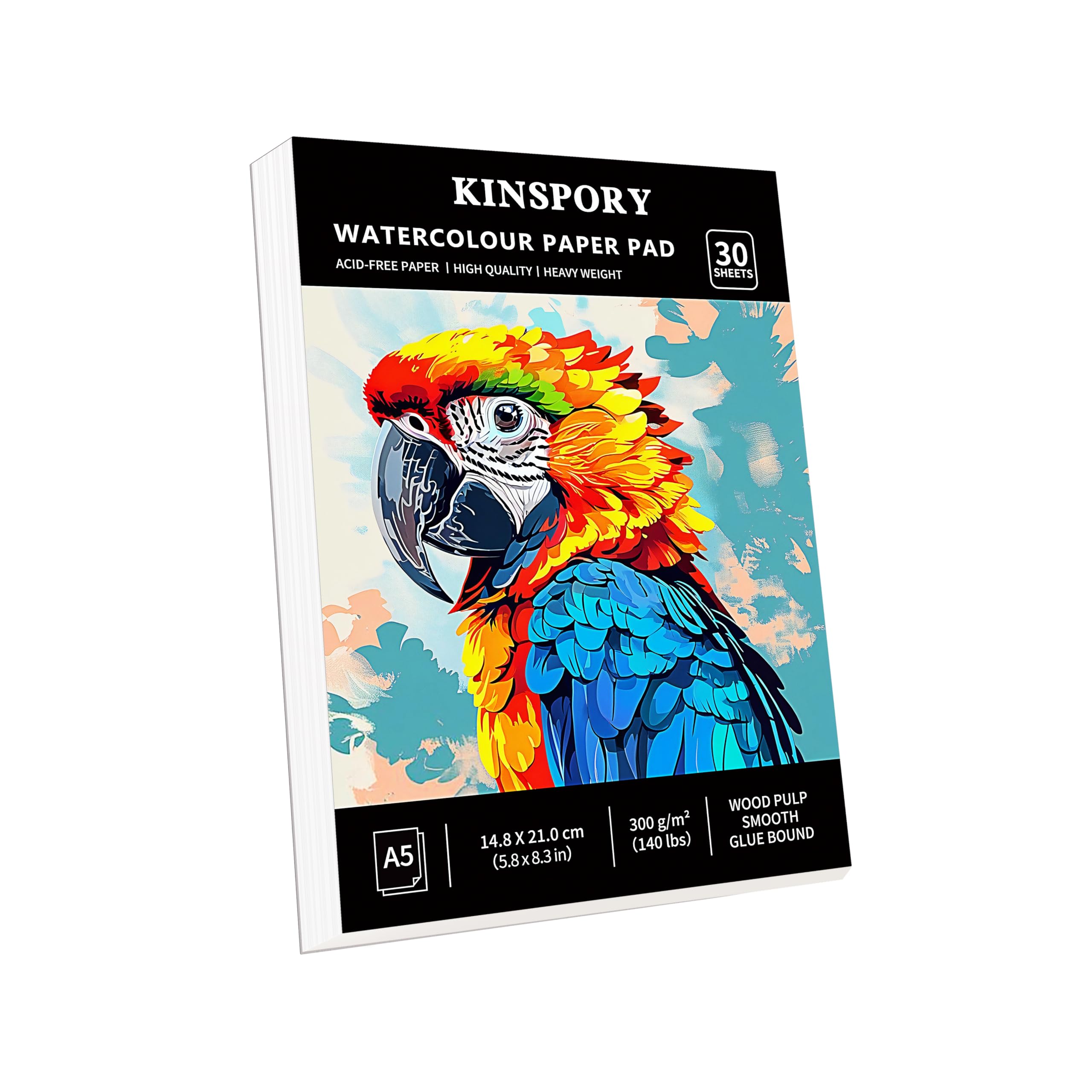KINSPORY Aquarellpapier A5 mit 30 Blatt - 300gsm Aquarellblock, kaltgepresstes Textur-Aquarellpapier, Skizzenbuch, Wasserfarben Papier für Malerei, Zeichnung, Skizzen und Mischtechnik - 14,8 x 21 cm