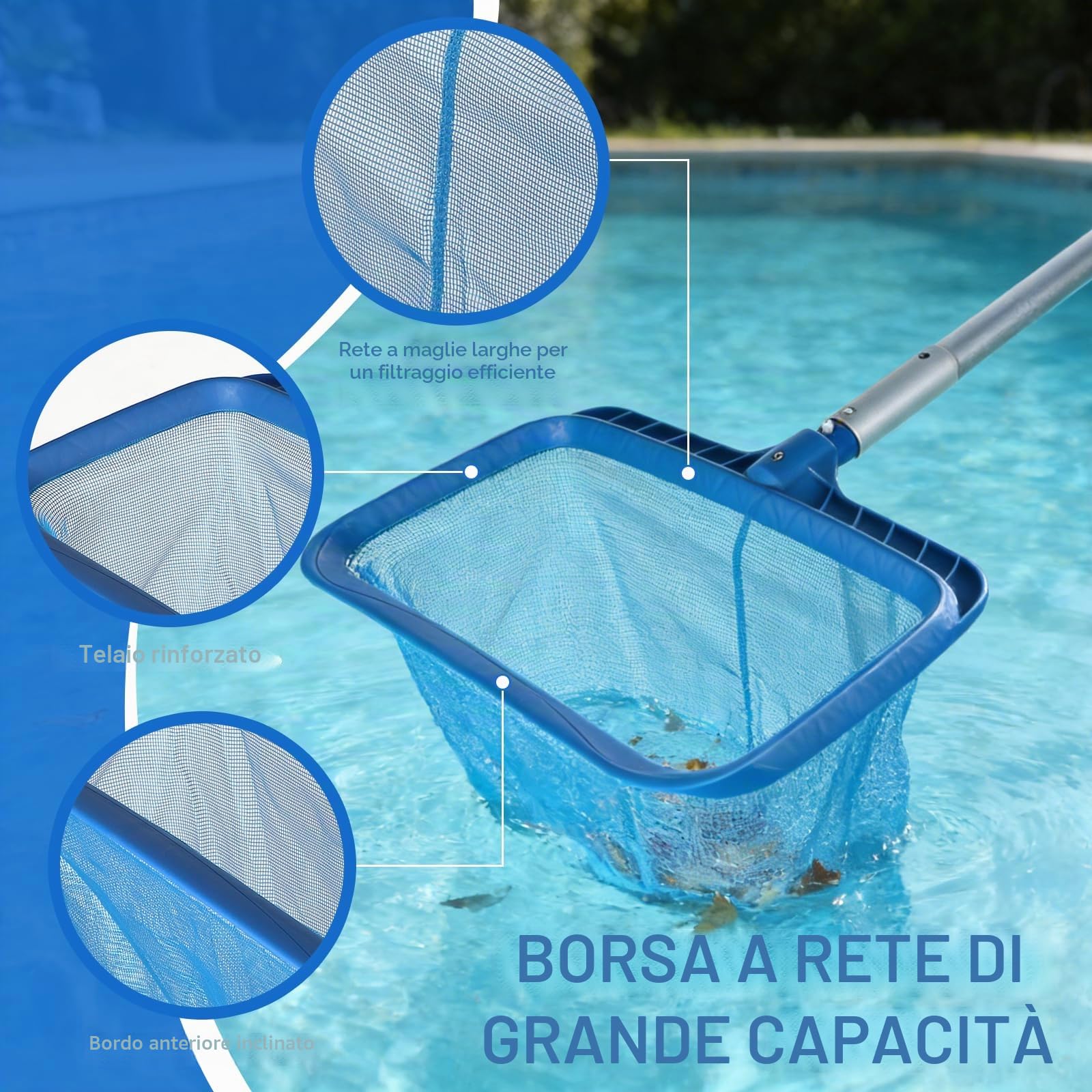 EFUTURETIME 3 Pezzi Set di Pulizia per Piscine, Retino per Fondo, 43cm Spazzola per Piscina Arrotondate con 2,7m Asta Telescopica in Alluminio, Robusto e Rimovibile Può Essere Rapidamente