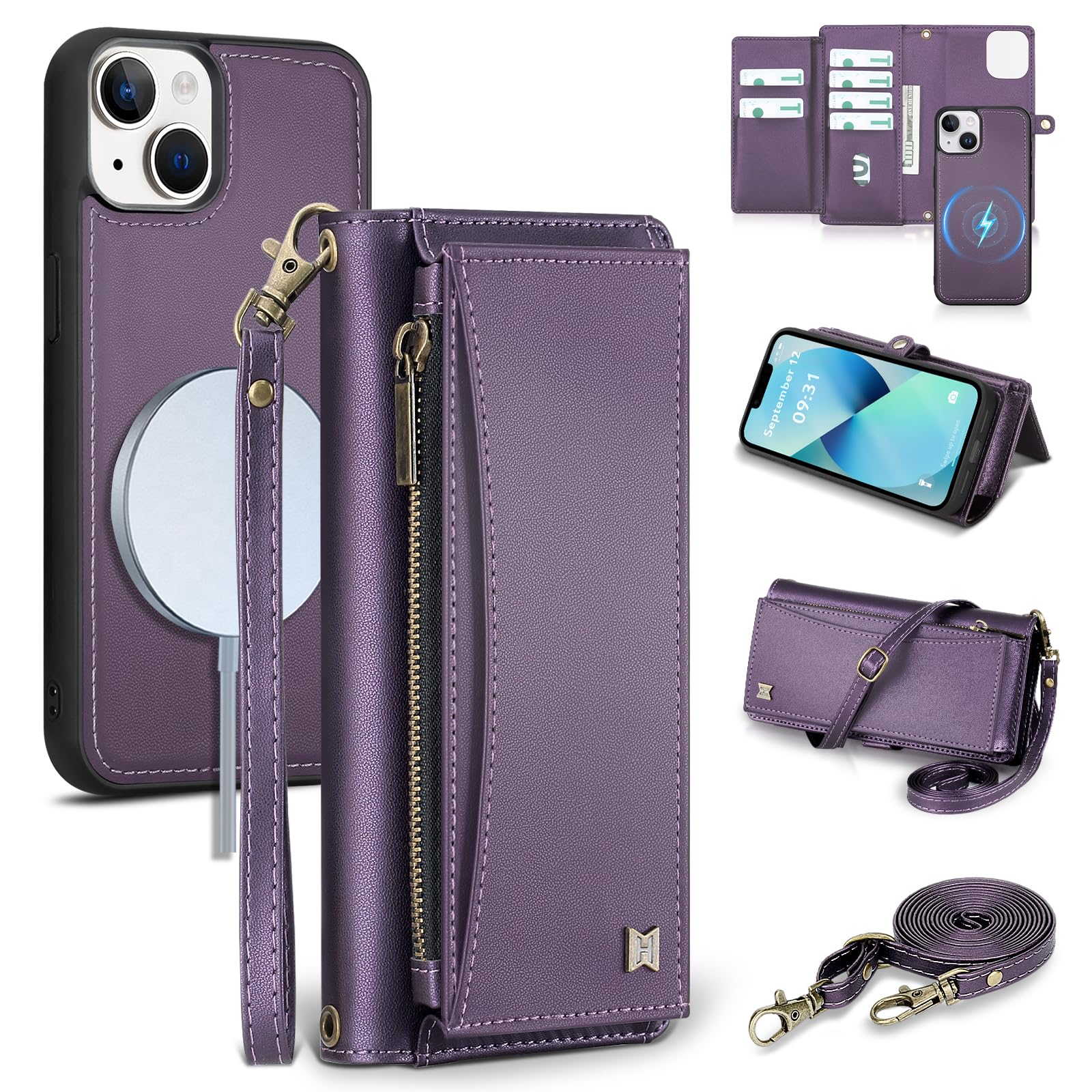 Wallet Case for iPhone 13 with Card Holder/Crossbody Wallet/Strap| RFID Blocking | Magnetic | Kickstand | Detachable | PU Leather Phone Case for iPhone 13,6.1 in,Purple