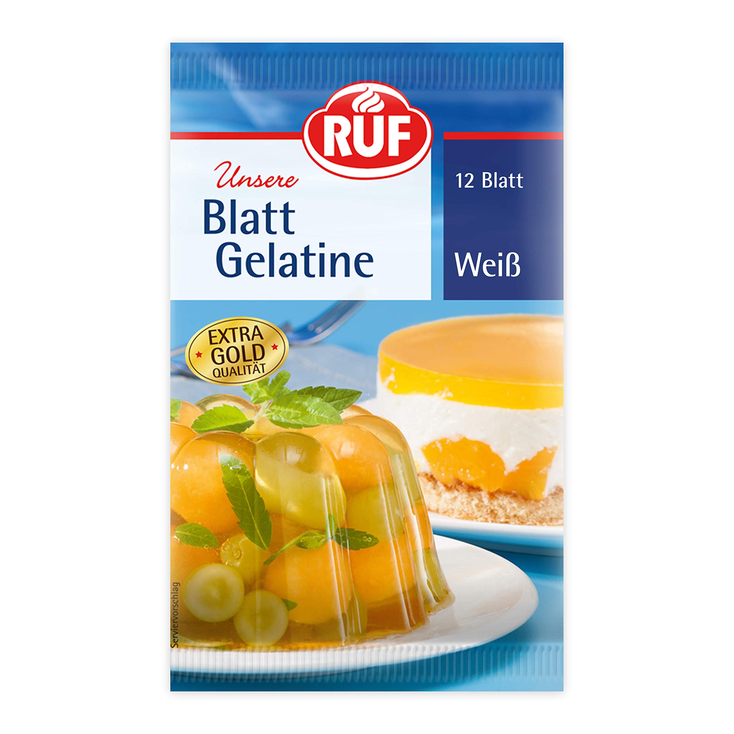 RUF Blatt Gelatine weiß, Speisegelatine zum Gelieren, Verdicken, Stabilisieren und Emulgieren, einfache Anwendung, glutenfrei, 1x12 Blatt
