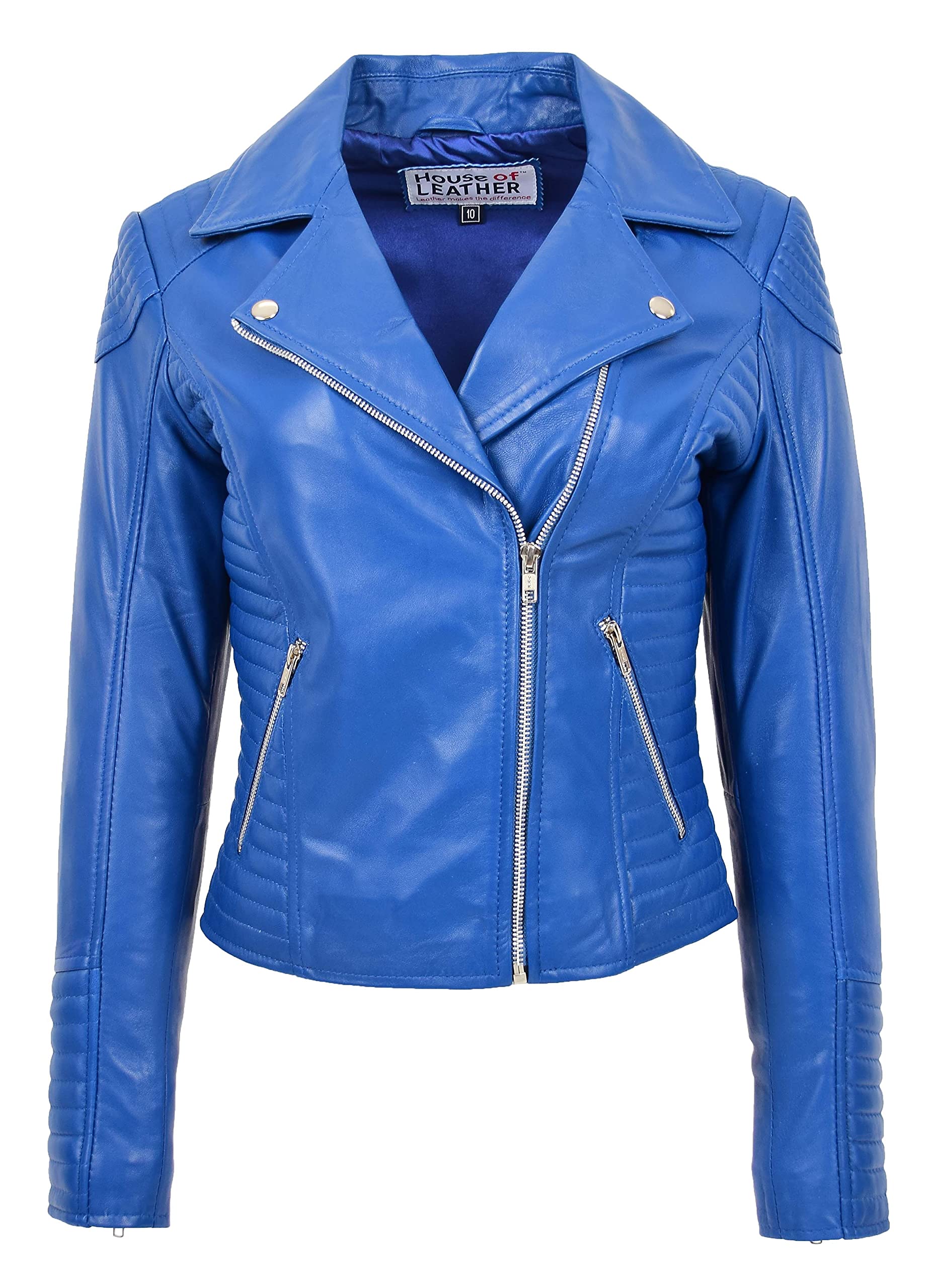 Womens Real Leather Biker Jacket Cross Zip Slim Fit Style