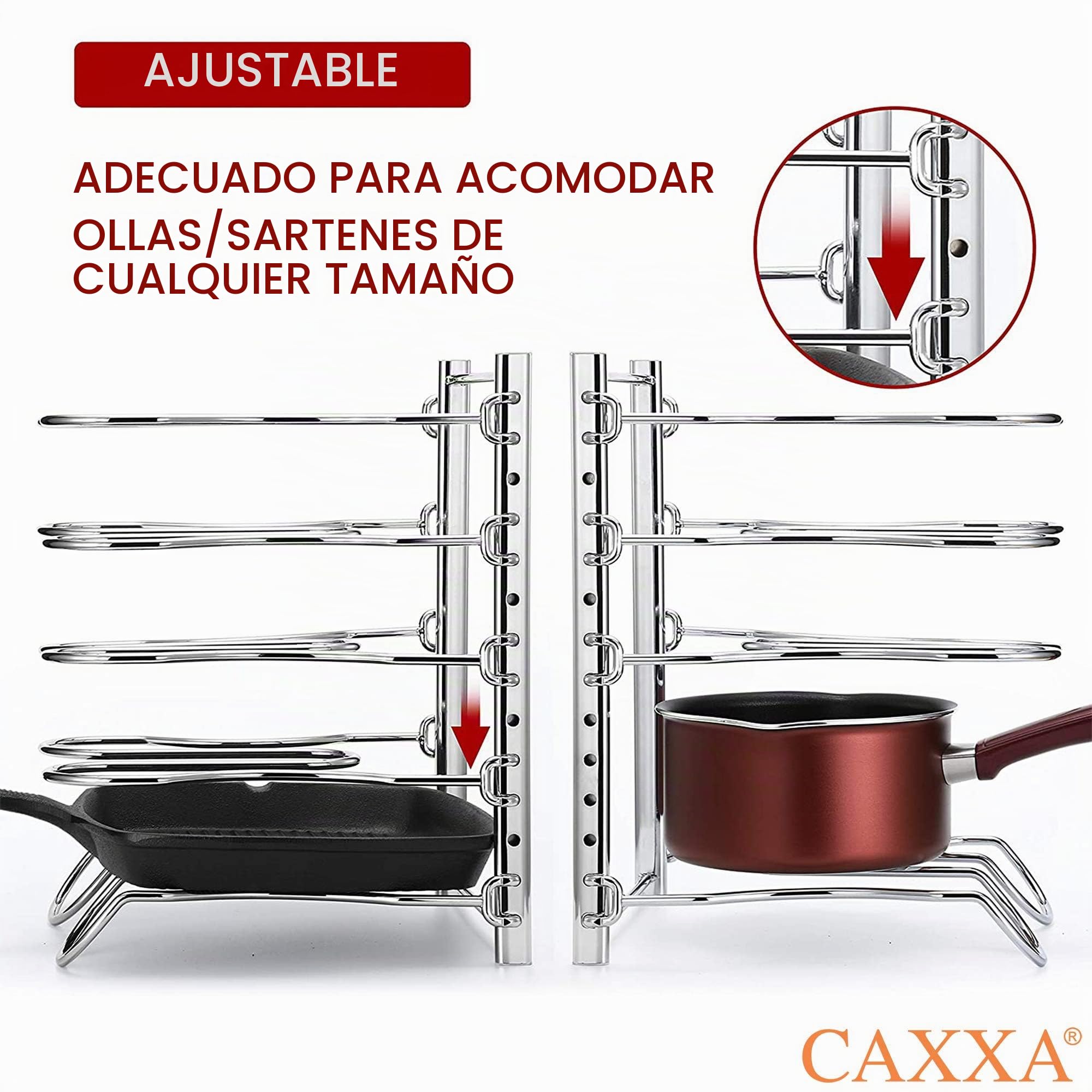 CAXXA Estante para sartenes resistente, estante para tapa de ollas, organizador de utensilios de cocina con 5 separadores ajustables, cromado