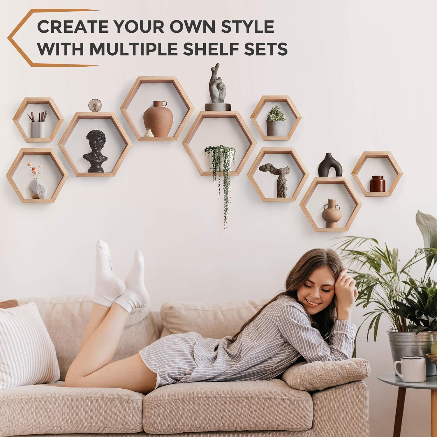 Hexagon Floating Shelves - Set of 3 - Boho Wall Decor. Geometric Hexagon Shelves. Includes All Hanging Hardware. Wooden Honeycomb Shelves. Succulent Plant Shelf