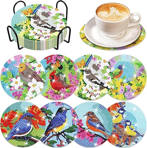 Juego de 8 posavasos de pintura con diamantes para pájaros, con soporte, para manualidades, diseño de pájaros, diamantes, posavasos antideslizantes