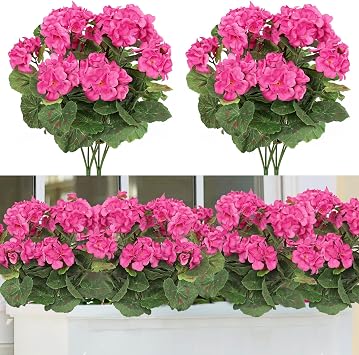 TOCHGREEN Artificial Fake Flowers Rose Red Geranium Silk Flowers Outdoor UV Resistant Plant Bush 2 Bundles Faux Flowers Geraniums for Outdoors Garden Porch Window Box Home Wedding Decor