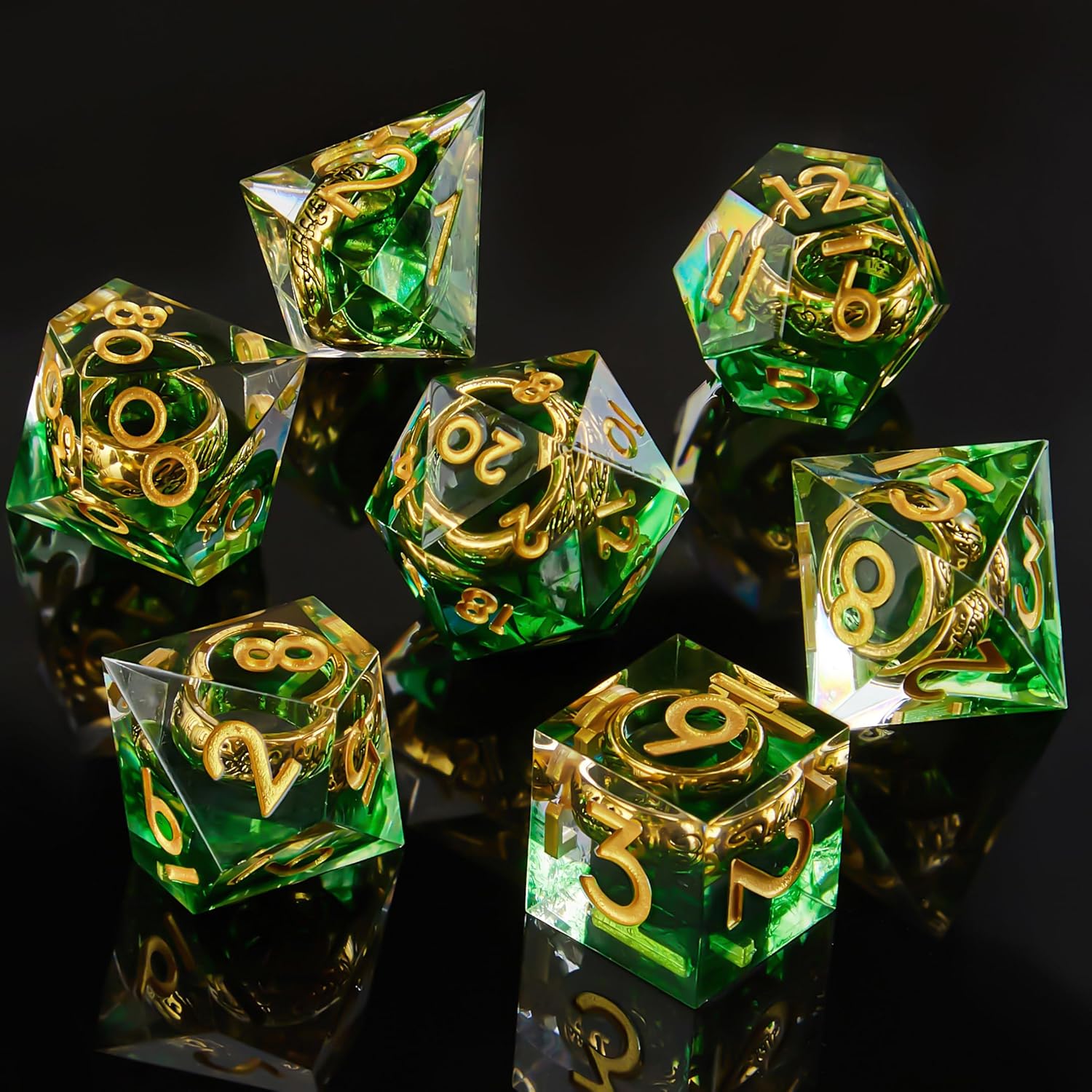 DND Dice Set, The Rings Dice Set for Role Playing Dungeons and Dragons Ttrpg with Gift Box, 7pcs Sharp Edge D&D Dice Handmade Resin Dice RPG Games Dice Set(Green)
