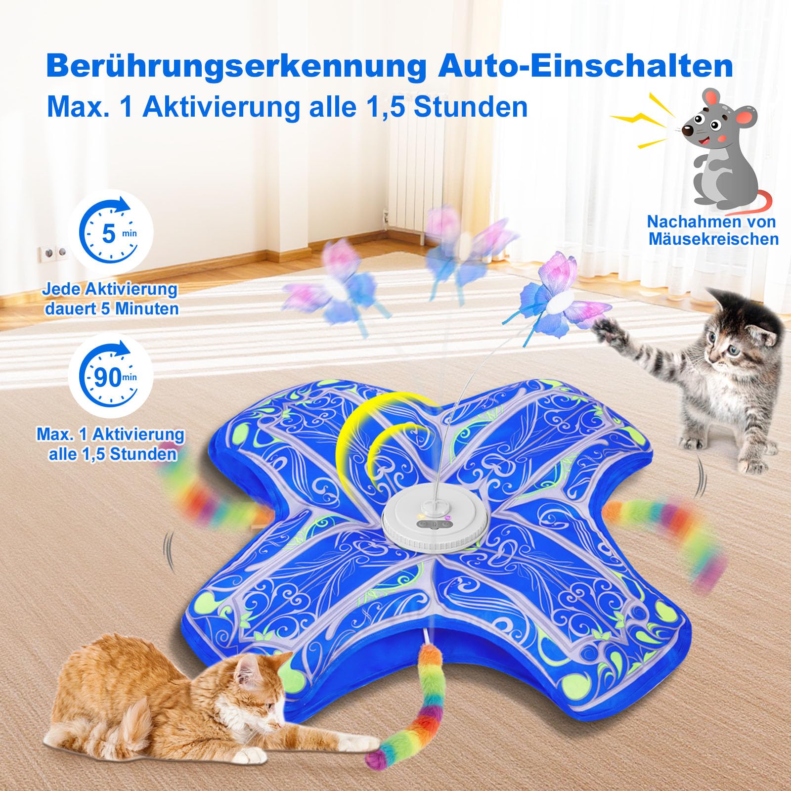 Interaktives Katzenspielzeug für Wohnungskatzen, [Neu aufgewertet] Wiederaufladbar, berührungsaktiviertes Versteckspiel-Katzenspielzeug mit flatterndem Spielzeug (Blau)