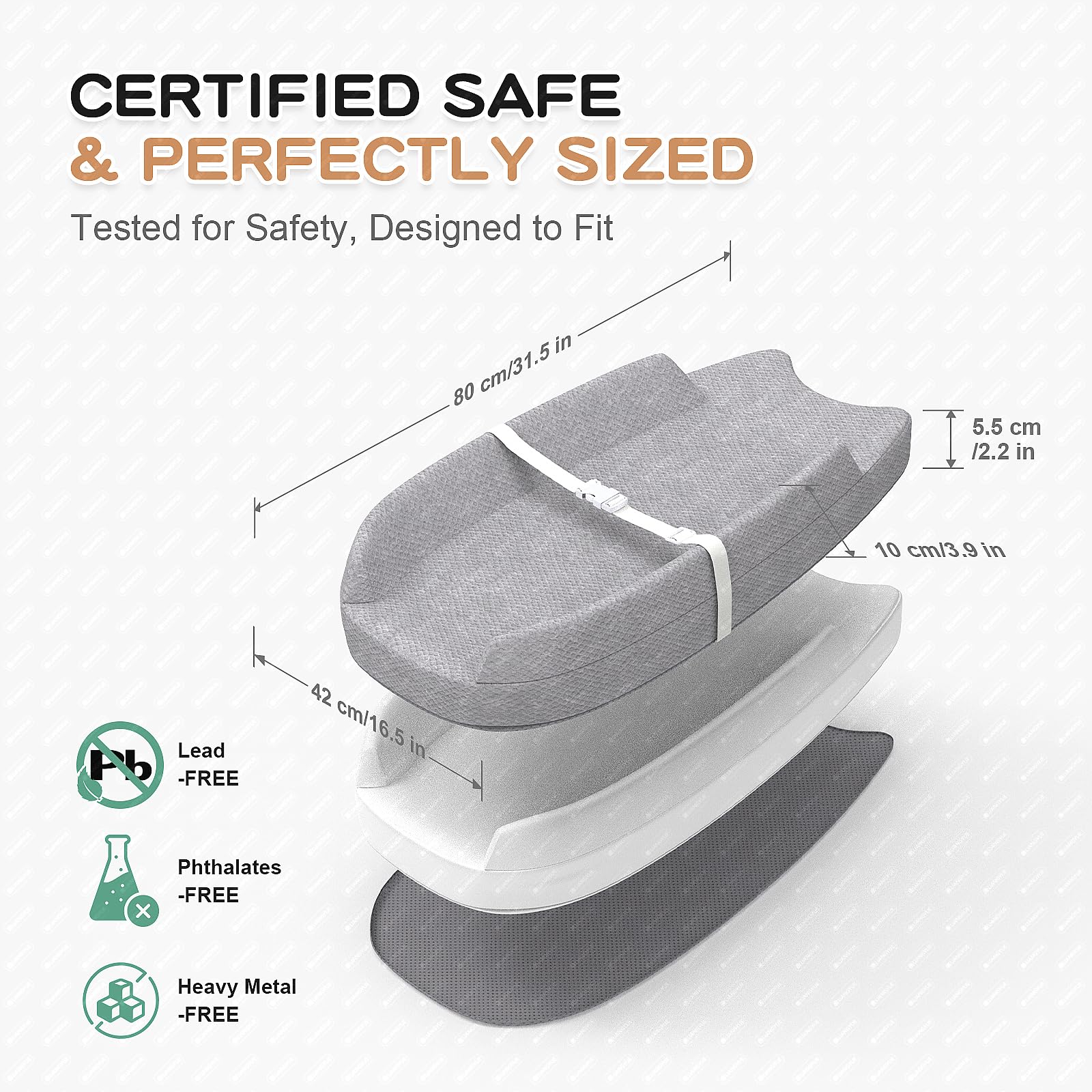 Cambiador con funda impermeable y forro de toalla extraíble, lados contorneados en forma de U, correa de seguridad y base antideslizante, se adapta a cambiadores estándar