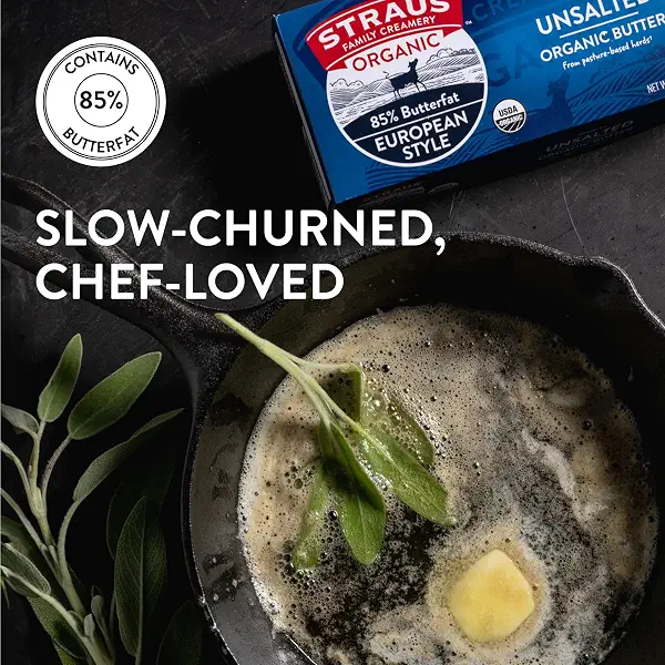 Straus Family Creamery Organic Unsalted European Style Butter, 85% Butterfat, 1 lb 3