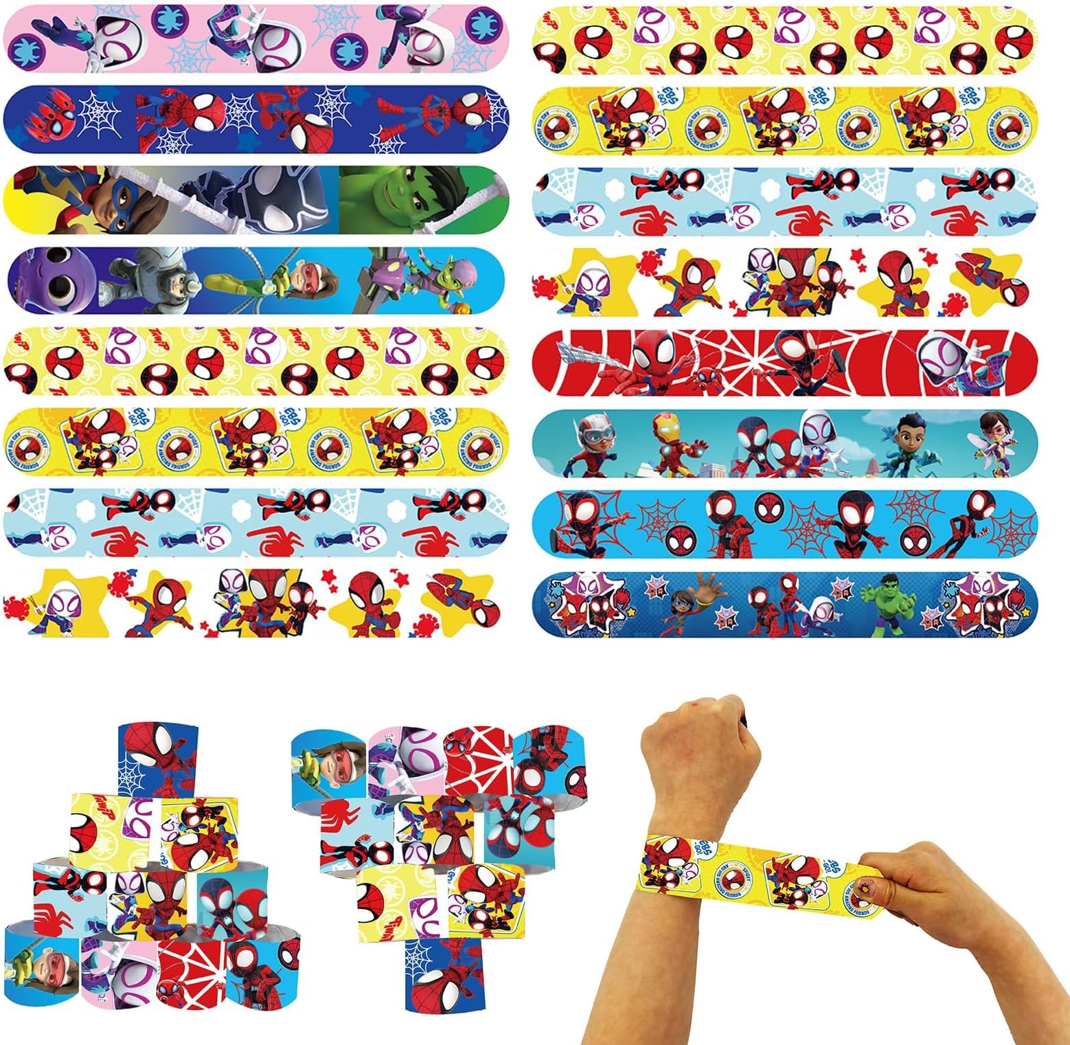 POPOYU 24Pcs Spidey Party Bags Fillers Kids Slap Bands,Spidey and His Amazing Friends Slap Bands Slap Bracelets Wristband Party Favours for Girls Boys Spider Party Bag Fillers Birthday Classroom Gifts