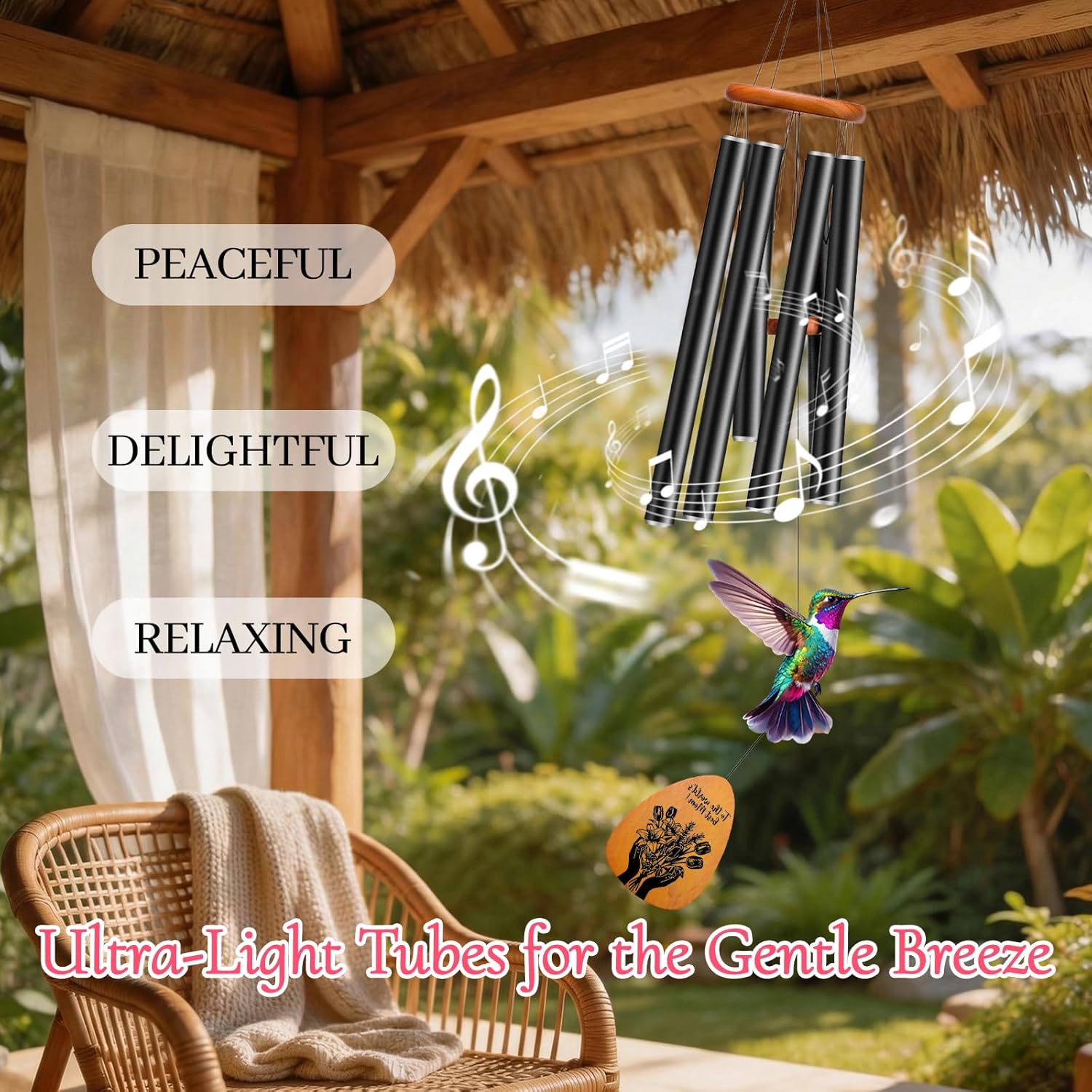 37" Wind Chimes for Outside - Deep Tone Large Wind Chime with 6 Tuned Aluminum Tubes & Wooden Top - Hummingbird Decor, Ideal Sympathy for Mom, Garden