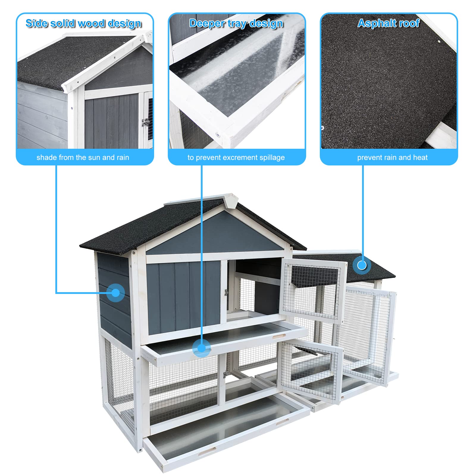 Lifeand 56.7''L Deluxe Multi-Level Rabbit Hutch with Weatherproof Design and Easy Cleaning, Ideal for Rabbits, Chicks, Guinea Pigs, and Hedgehogs, Gray+White