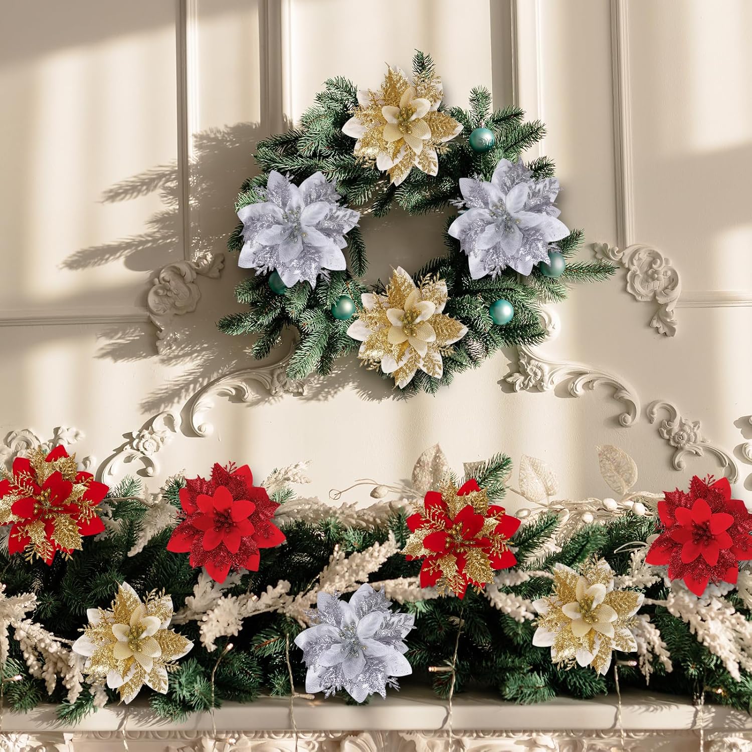 48 Pcs Christmas Poinsettia Artificial Flowers with Clips 5.5" Christmas Tree Wreaths Garland Decoration Glitter Flowers Picks Decor with Stems for DIY Xmas Wreath New Year Holiday Home Party Decor