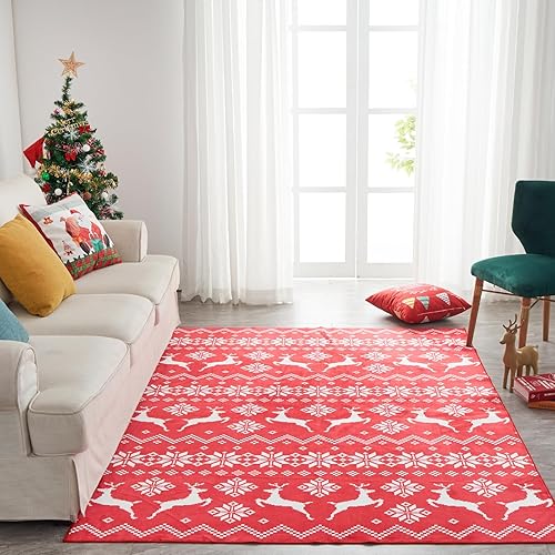 Alfombra de Navidad para sala de estar, alfombra de área de Navidad de 5 x 7 pies con parte trasera antideslizante, resistente a las manchas,