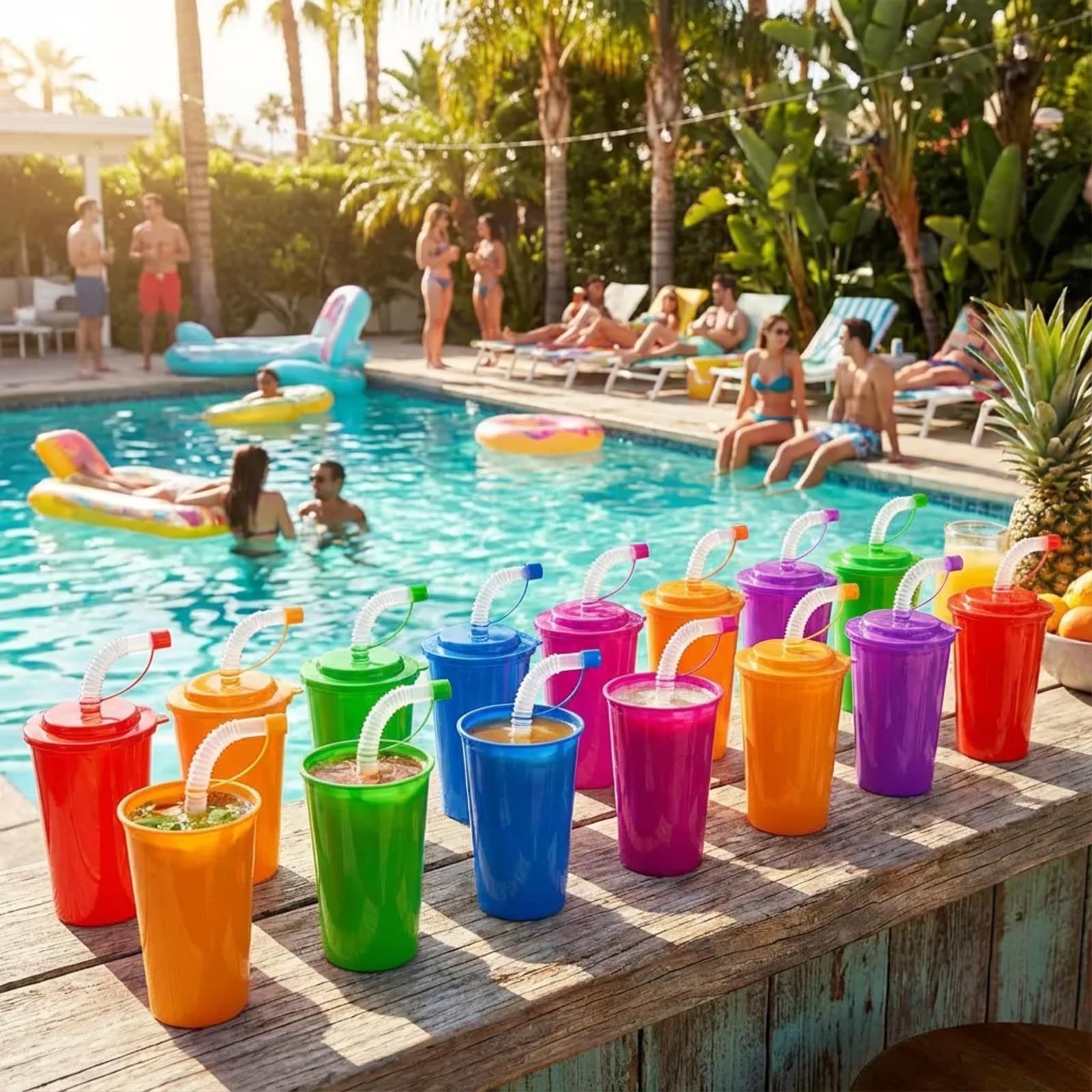 Zubebe Vasos de neón de 12 onzas, vasos de neón coloridos con tapas y popotes, vasos de plástico a prueba de derrames, vasos reutilizables para fiestas de cumpleaños, suministros de eventos, 6 colores