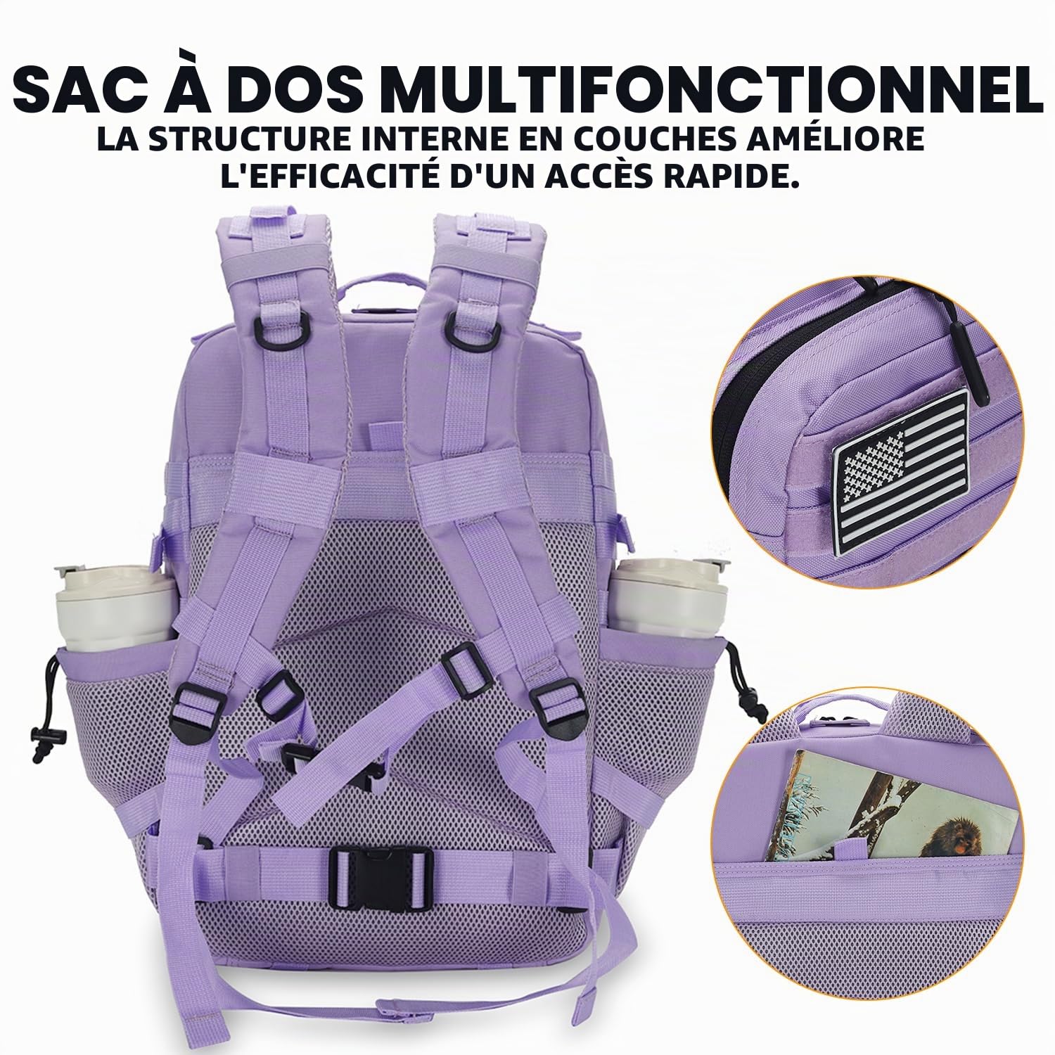 Lovelinks21 Sac à dos tactique 25 L imperméable militaire pour homme et femme Petit sac à dos de voyage Velcro, violet clair, S