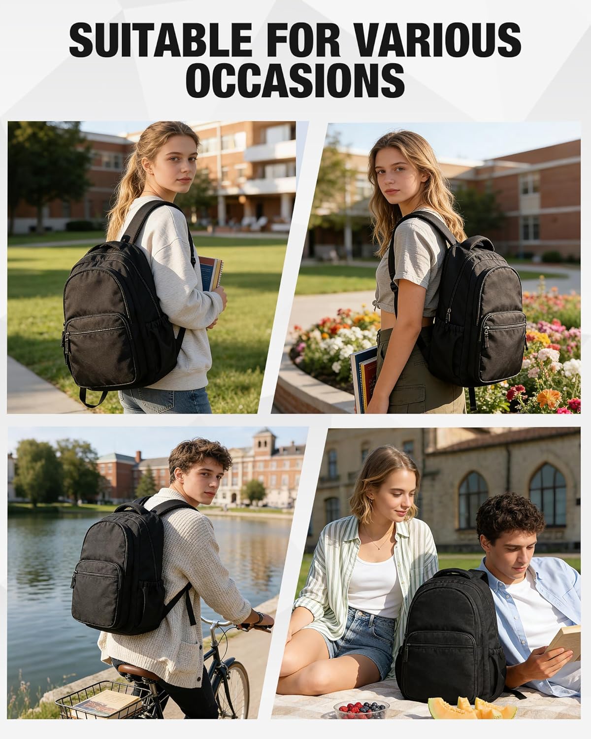coofay Black College Backpacks for Women Lightweight Aesthetic Backpack for College Waterproof Laptop Backpack Rucksack Cute Travel Daypack Backpacks Simple Computer Bag for Men