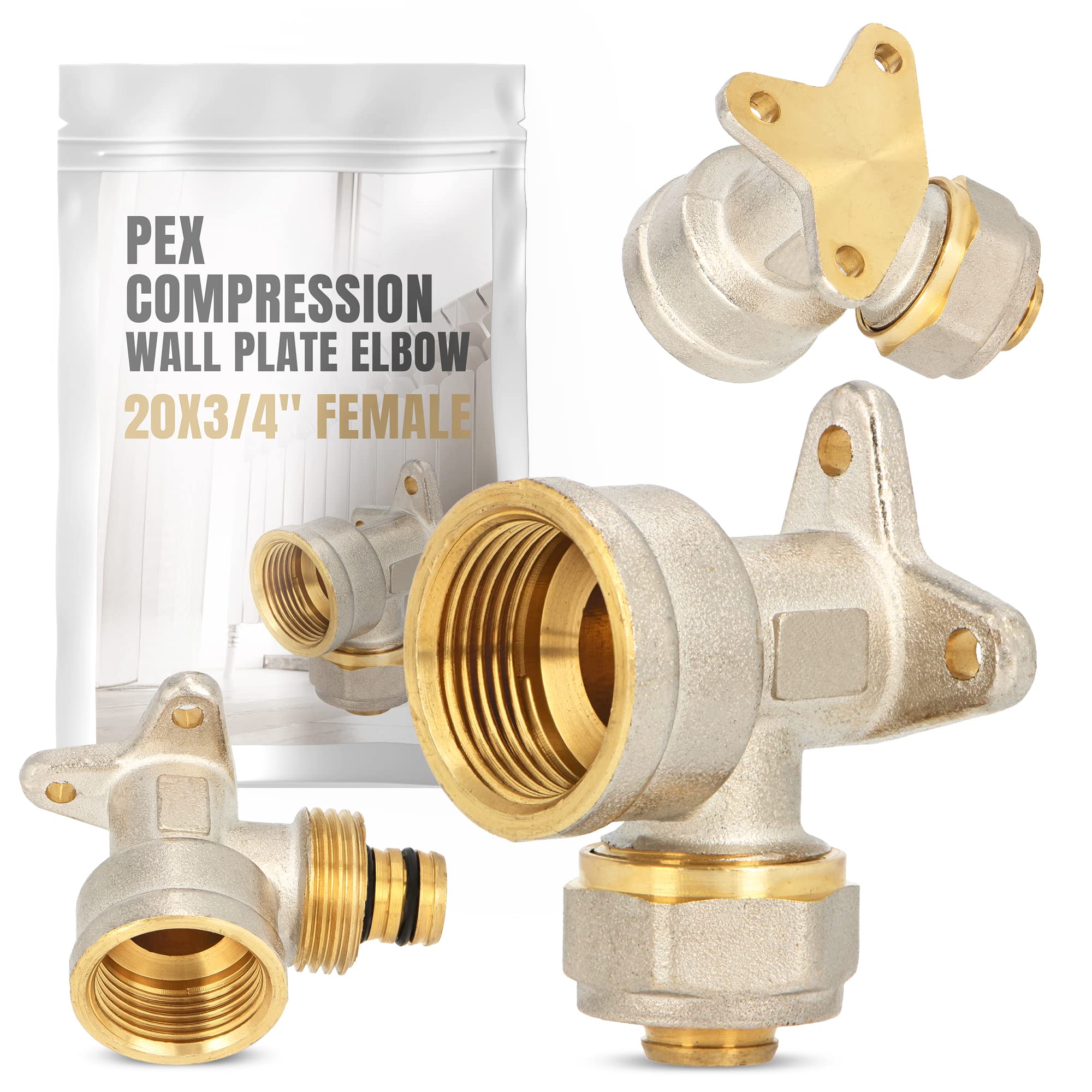 Codo PEX con arandela de pared 20 x 3/4" IG - Calefacción de agua - Pieza en V - Montaje de tornillo - Placa de compresión - Conexión de tubería