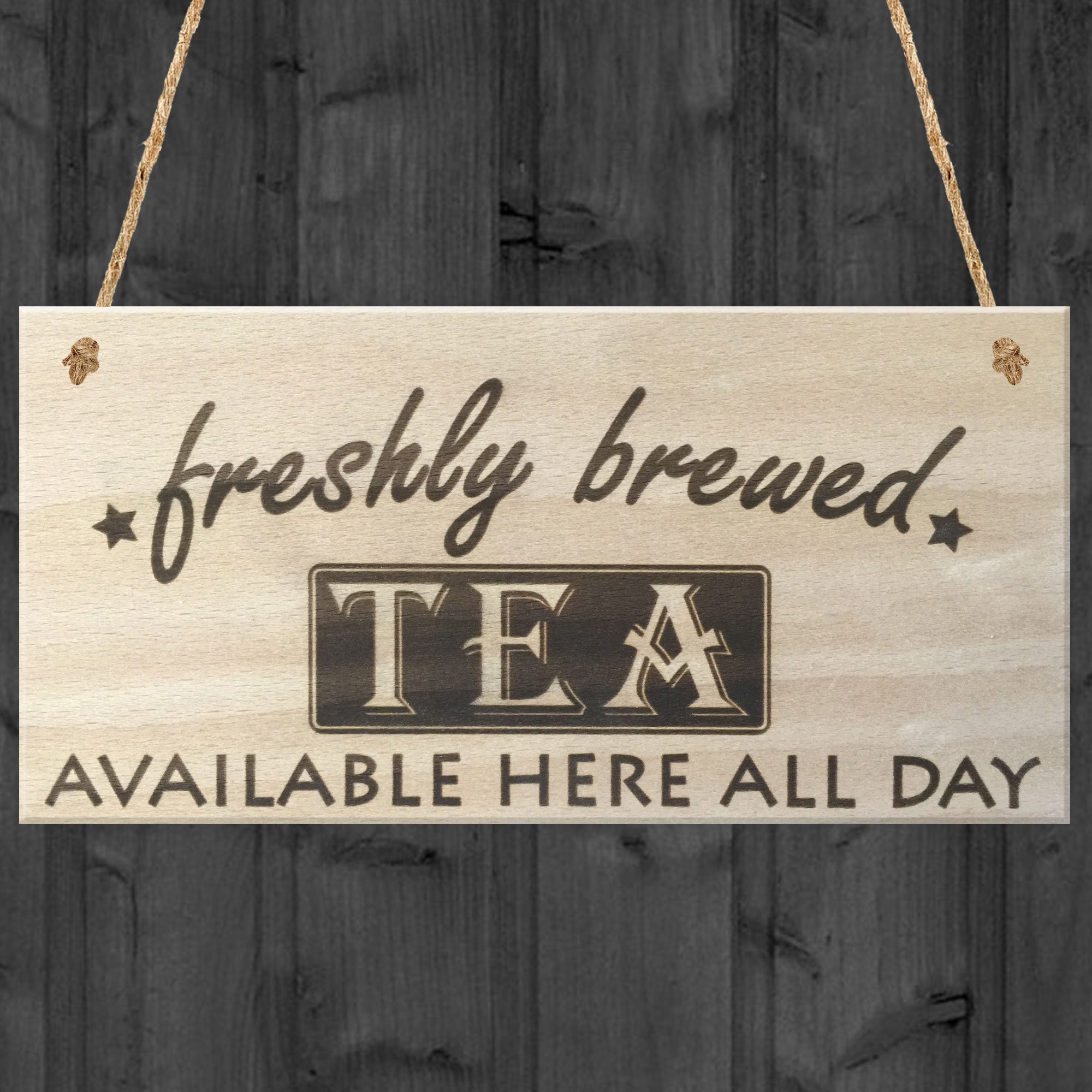 Red Ocean Freshly Brewed Tea Here All Day Hanging Wooden Sign Shop Cafe Plaque