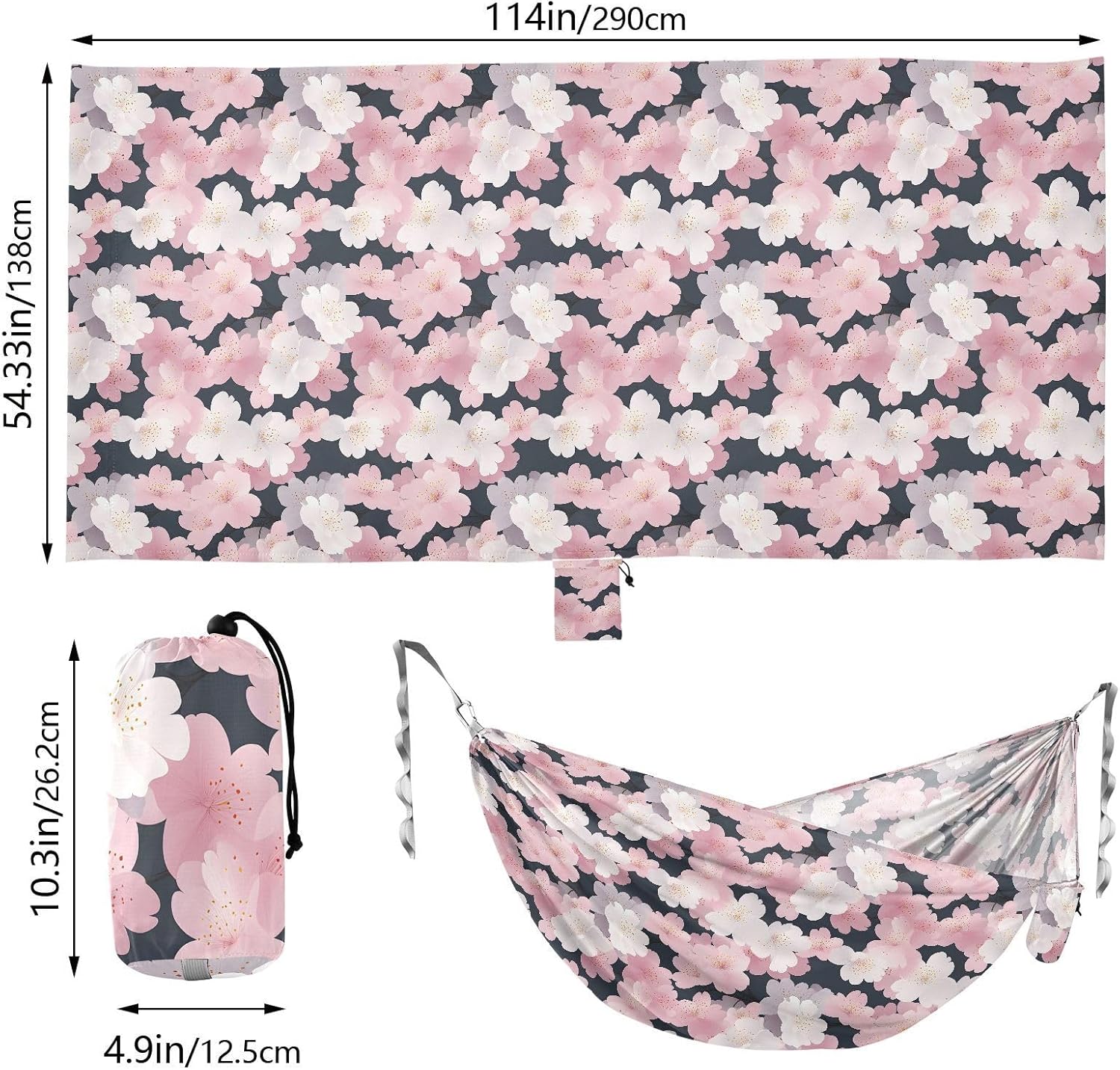 ALAZA Pink Cherry Blossom Floral Camping Hammocks Single or 2 Person 500 lbs Portable Parachute Travel Hammock w/Tree Straps for Hiking Backpacking Indoor Outdoor