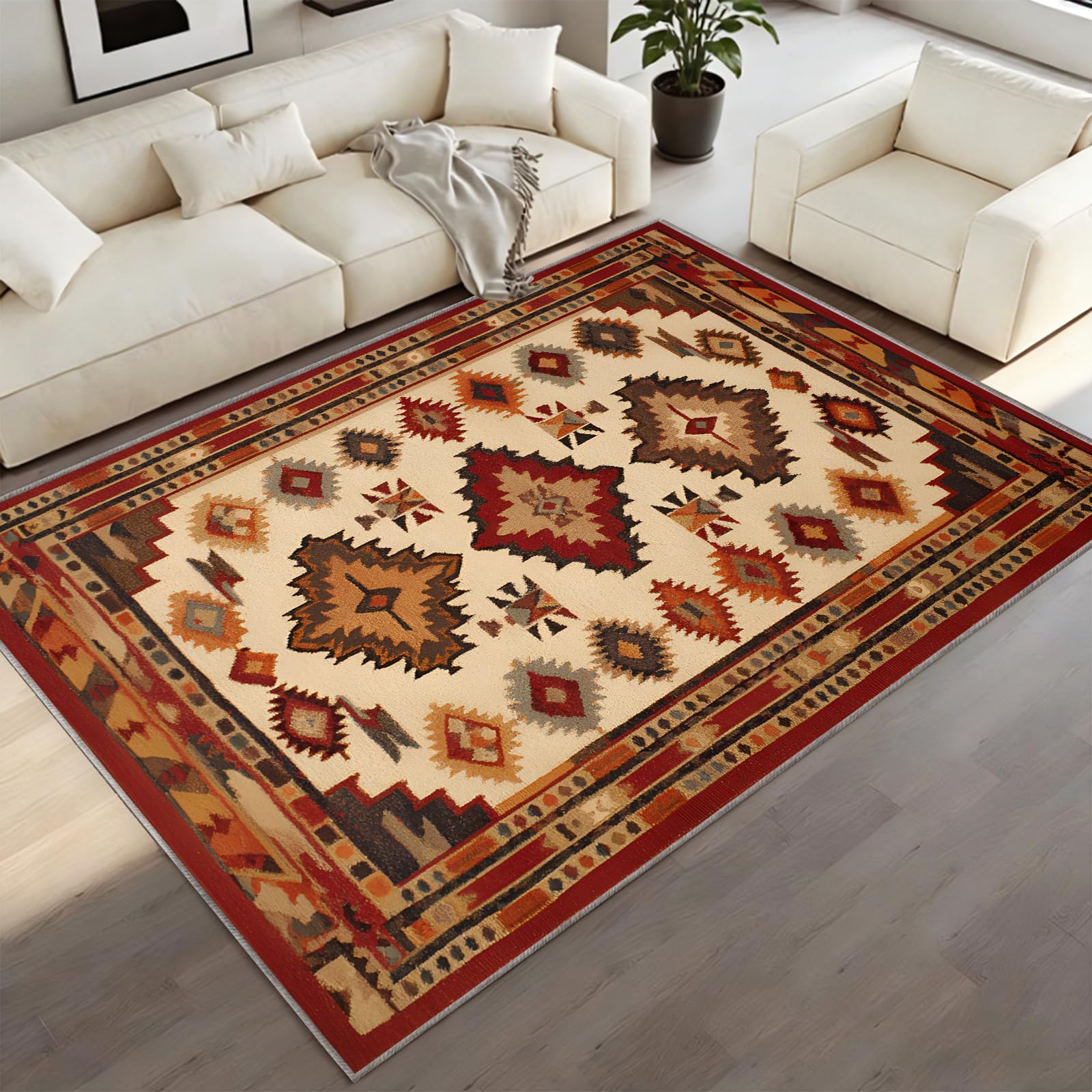 BEQUTIY Rustic Carpet 180 x 240 cm, Red Country Cottage Area Rugs, Native American Indie Rug Machine Washable Non Slip Rugs, for Dining Room kids Room Fireplaces