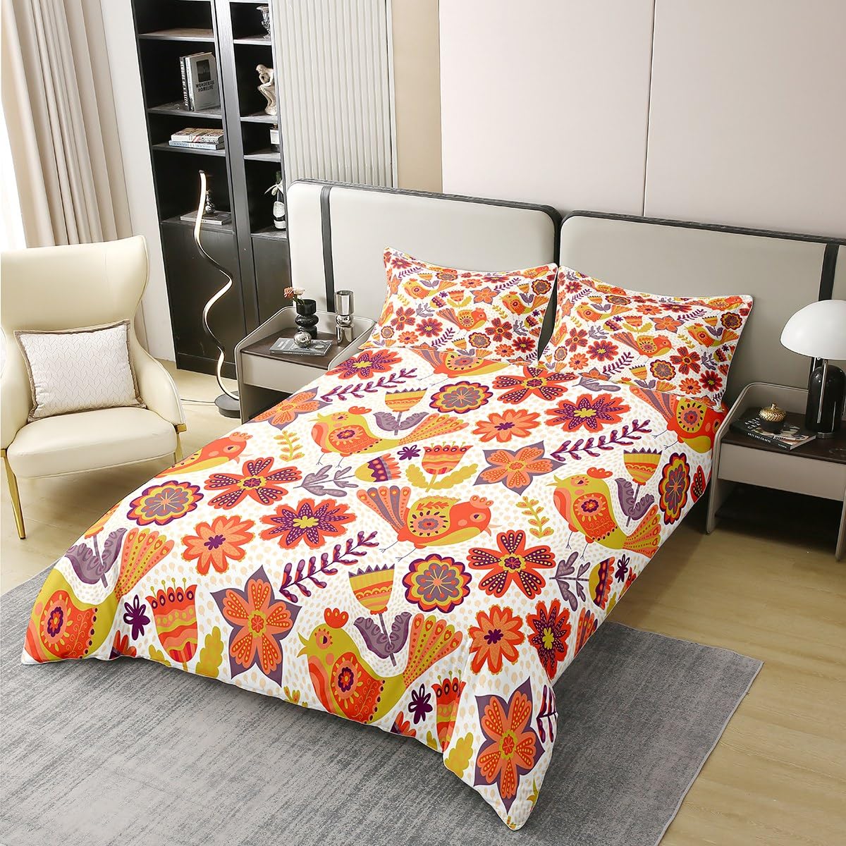 Retro Floral Cotton Duvet Cover Double,Bohemian Abstract Hippie Flowers Comforter Cover for Kids Teens Girls,Funky 70S Groovy Flower Bedding Set Kawaii Birds Bedspread Cover Aesthetic Room Decor - Image 3