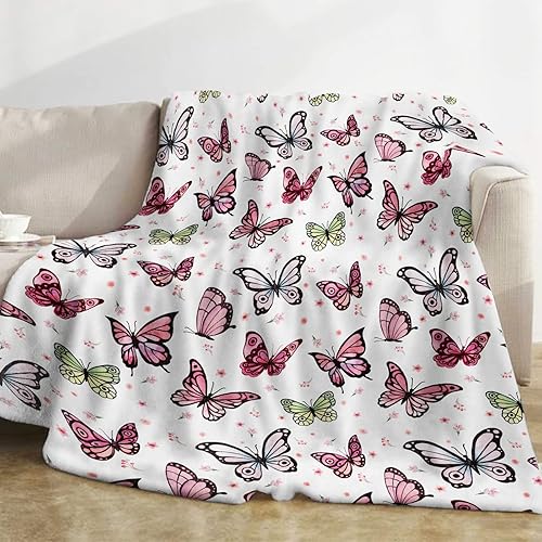 Miniatura 1 de Manta de mariposa rosa para niñas, manta de mariposa rosa con estampado de flores, manta de franela suave y mullida para niños pequeños,