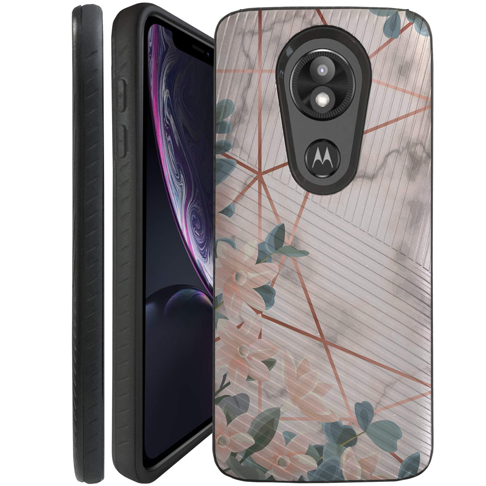 CasesOnDeck Case for Motorola Moto E5 Plus/Moto E5 Supra - Slim Fitted Hybrid Fusion Embossed Dual Layer Cover (Pink Flower Marbles)