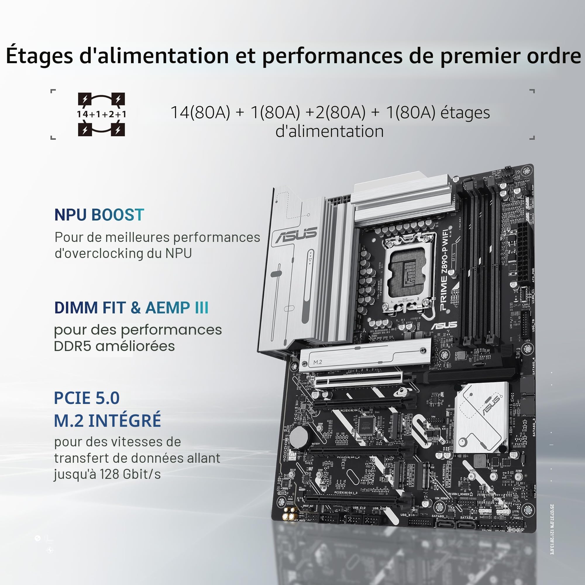 ASUS Prime Z890-P WiFi – Carte mère Gaming Intel ATX (DDR5, 14+1+2+1 80A DrMOS, PCIe 5.0, Thunderbolt 4 USB Type-C, Wi-FI 7, Q-Antenna, Aura Sync RGB)