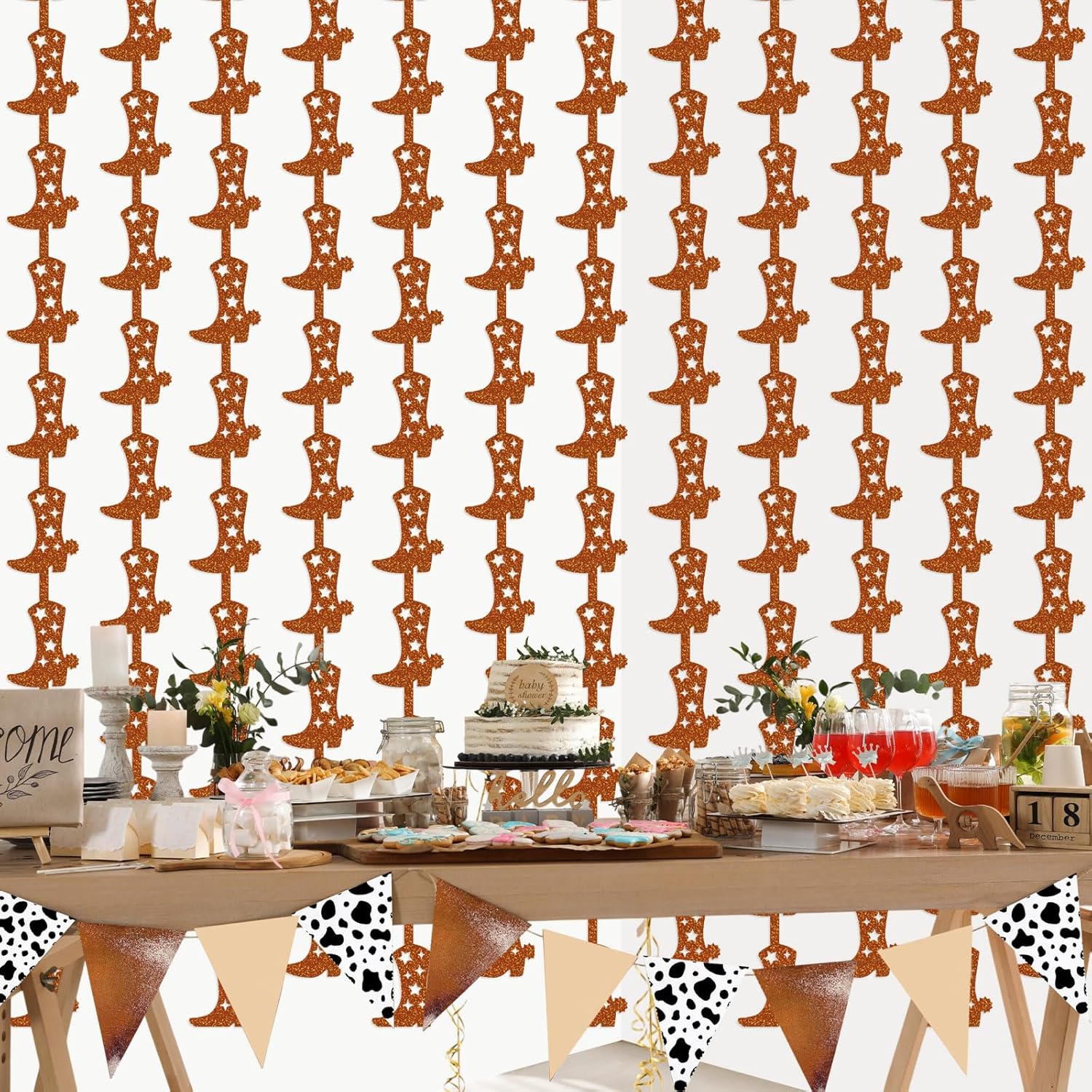 Pasimy 4 Pcs Disco Cowgirl Bachelorette Party Decorations Glitter Western Backdrop Cowgirl Boot Tinsel Foil Fringe Curtains Boots on The Ground Decorations for Last Rodeo Party Decor (Laser Brown) - Image 6