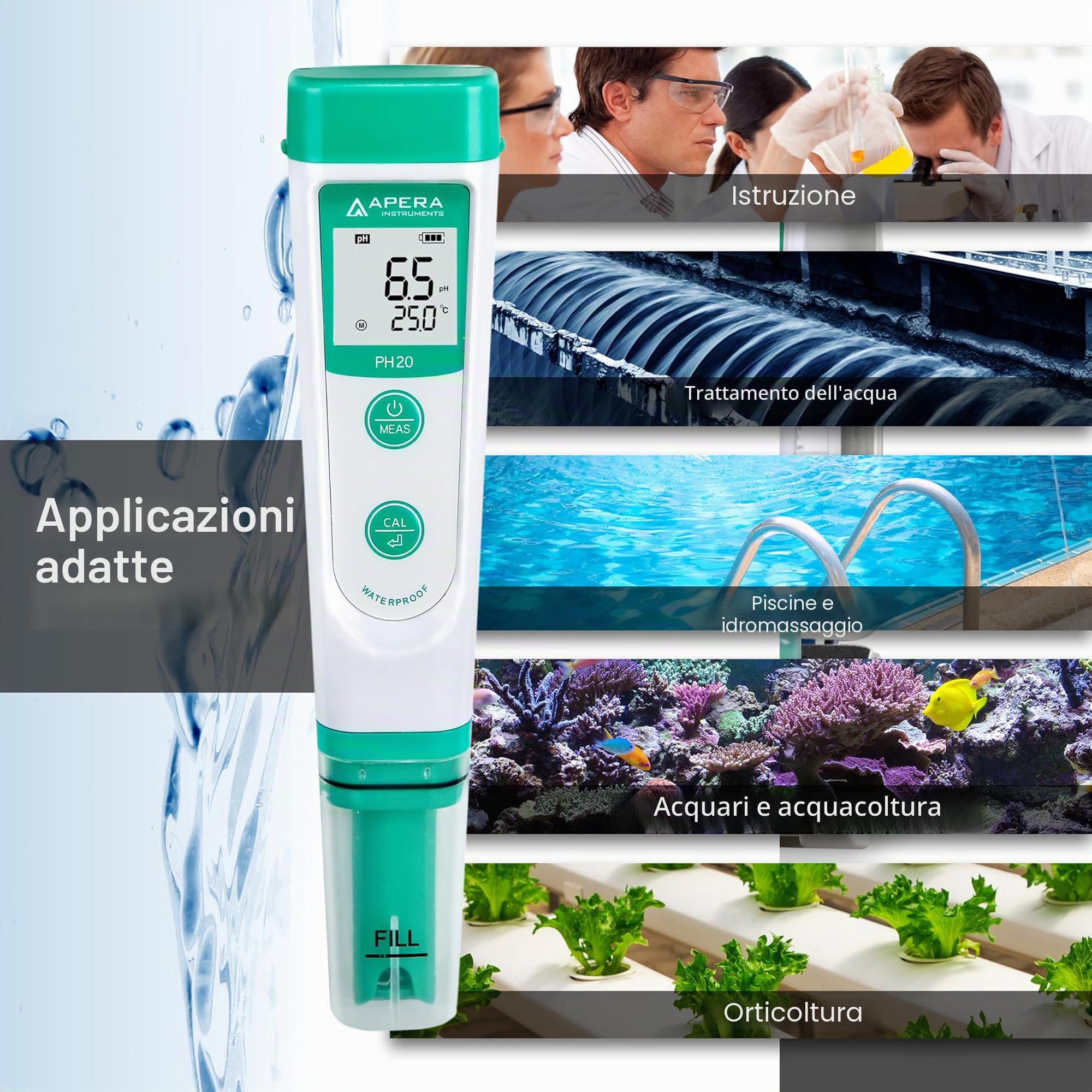 Apera Instruments AI209 PH Tester Economico e Tascabile, PH20 Impermeabile, Accuratezza 0.1, Range 0 – 14.0, Kit Completo