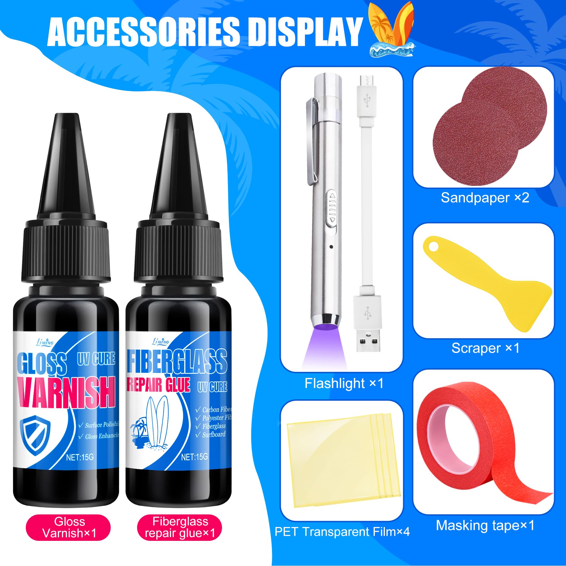 Surfboard Repair Kit - Fiberglass Repair Kit, Single Component UV Resin Repair Glue with UV Light, Gloss Varnish, Quickly Repair Scratches, Holes, and Gaps in Fiberglass, Surfboard, Carbon Fiber - 2