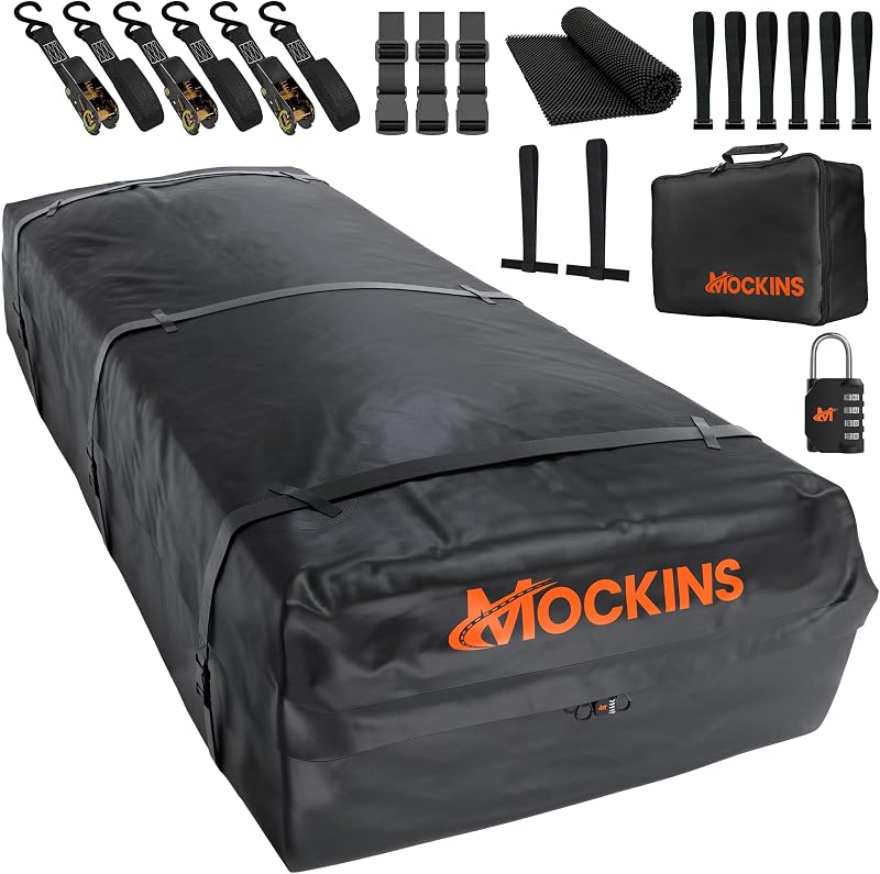 Mockins XXL 50 CuFt Heavy Duty Car Rooftop Cargo Carrier Bag 85"x50"x20" | Massive Car Luggage Roof Carrier Bag | All-Weather 500D Vinyl Vehicle Soft-Shell Carriers with Mat, Lock, Straps & Hooks