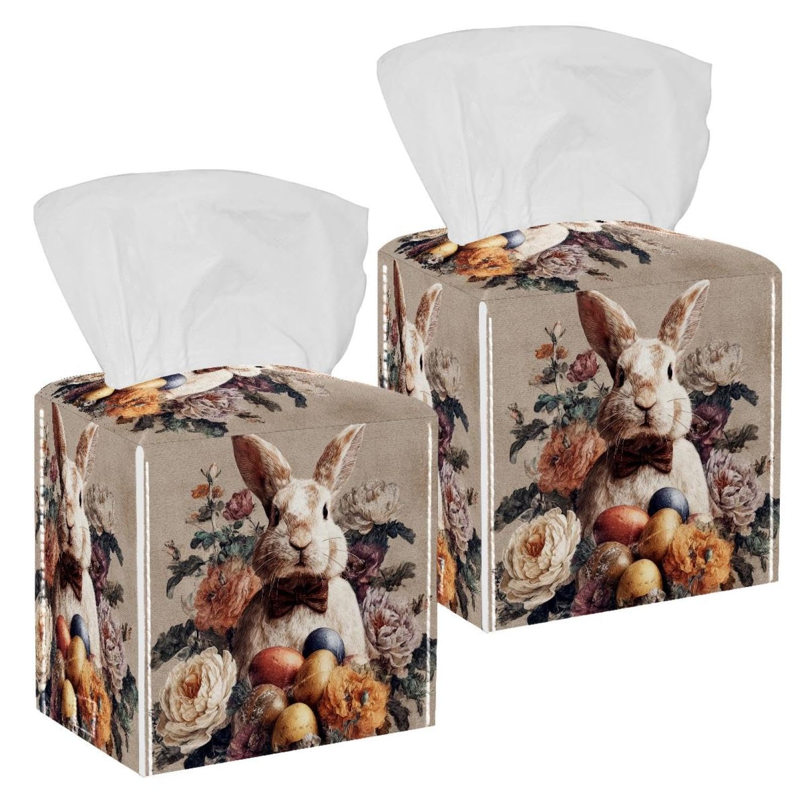 Rabbit and Eggs Tissue Box Cover, 2 Pack PU Leather Square Facial Tissue Dispenser Box holder for Home Office Car