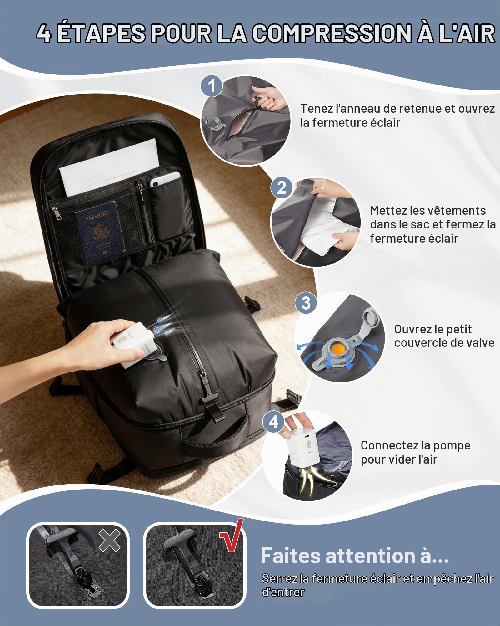 SEAFEW Sac à dos sous vide de voyage avec pompe, Cabine Avion Bagage cabine à main para Easyjet 45x36x20 avec compression pour homme et femme Sac de Voyage pour Week-End,G01-Noir