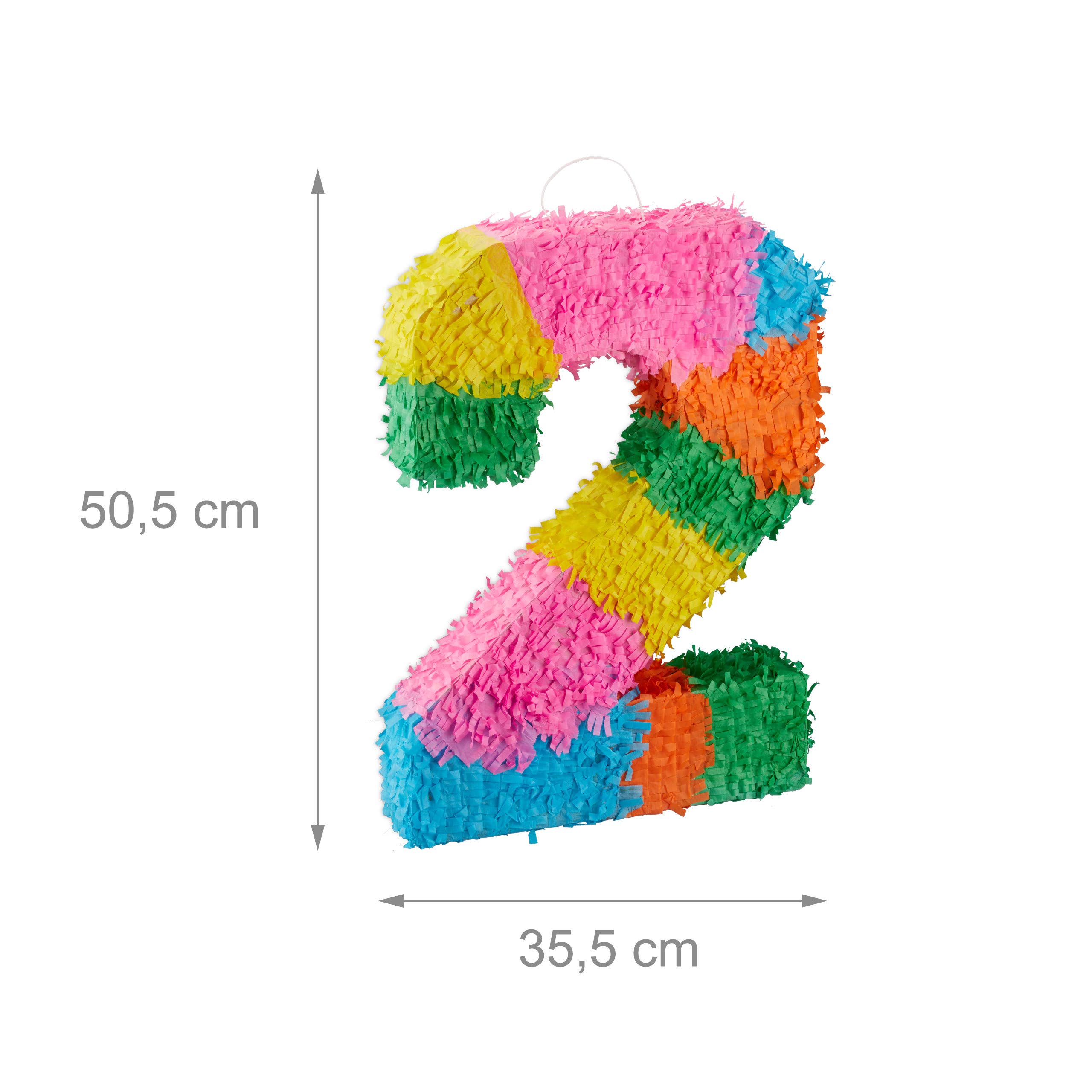 Relaxdays 3-częściowy zestaw Pinata na urodziny, cyfra 2, pręt do pinaty z maską na oczy, dzieci i dorosłych, piñata do samodzielnego napełniania, kolorowa