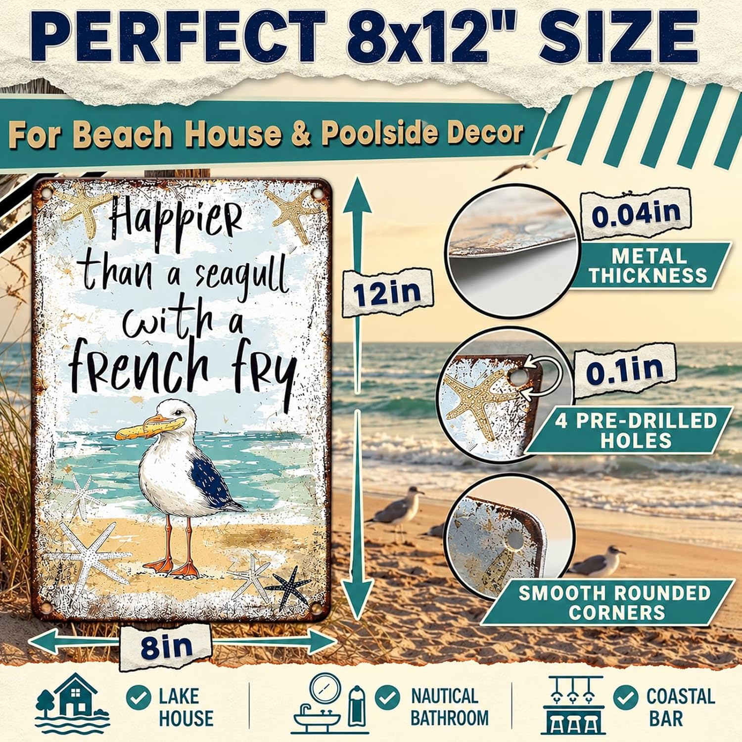 Seagull Wall Decor French Fry Sign Beach House Decor 8x12 Inch image 2