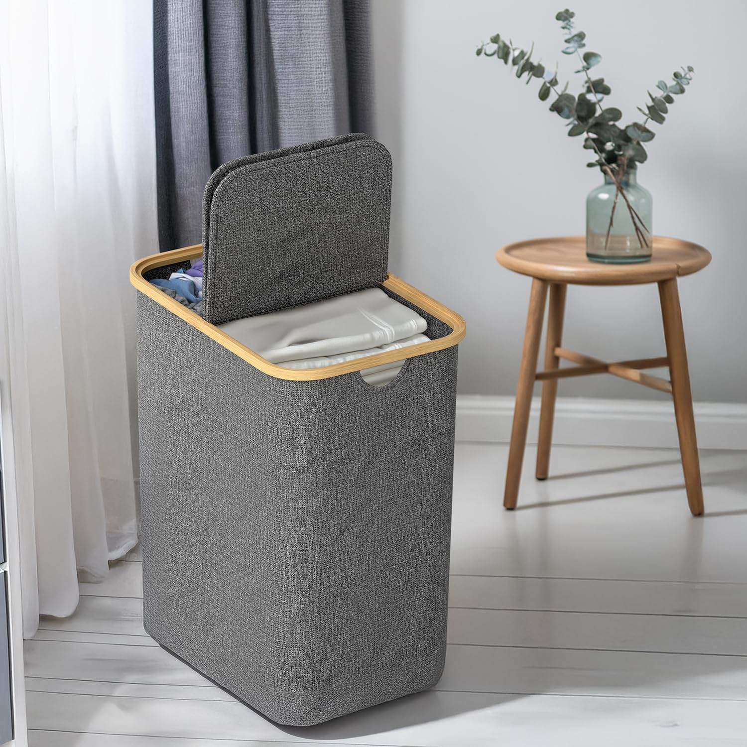 Lifelong Laundry Basket for Clothes with Lid | 2 Compartment Laundry Bag | Foldable Cloth & Toy Storage Basket | Sturdy & Space-Saving Design with Bamboo Frame (LLHILB03, Grey)-image-42