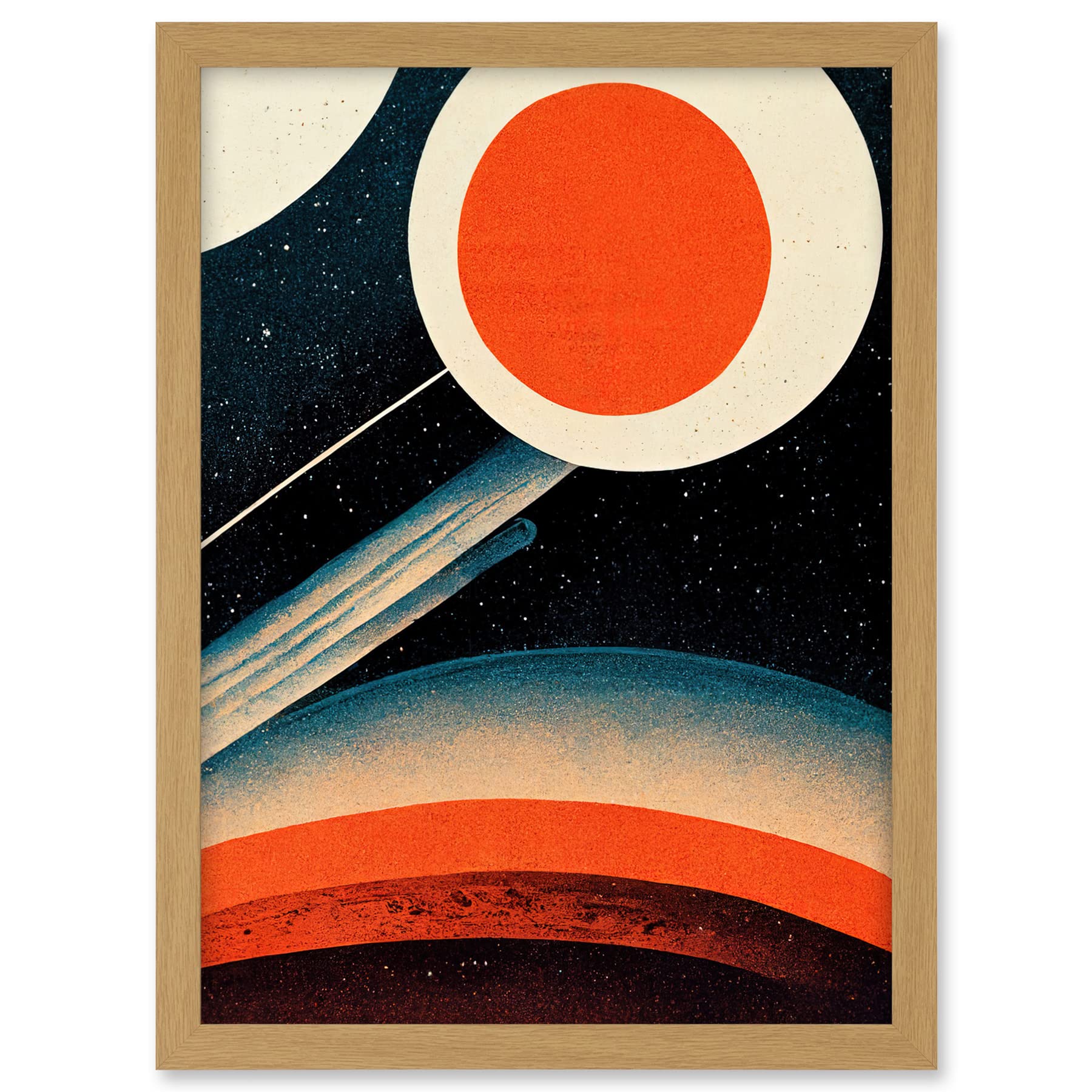 Wee Blue Coo Retro Boho Space Starscape Abstract Mid Century Style Navy Teal Orange Cream Artwork Framed A3 Wall Art Print