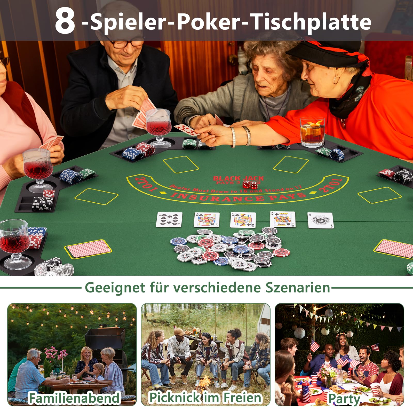 DREAMADE Faltbarer Pokerauflage für 8 Spieler, Pokertisch Matte 120x120 cm mit Getränkehalter & Tragetasche