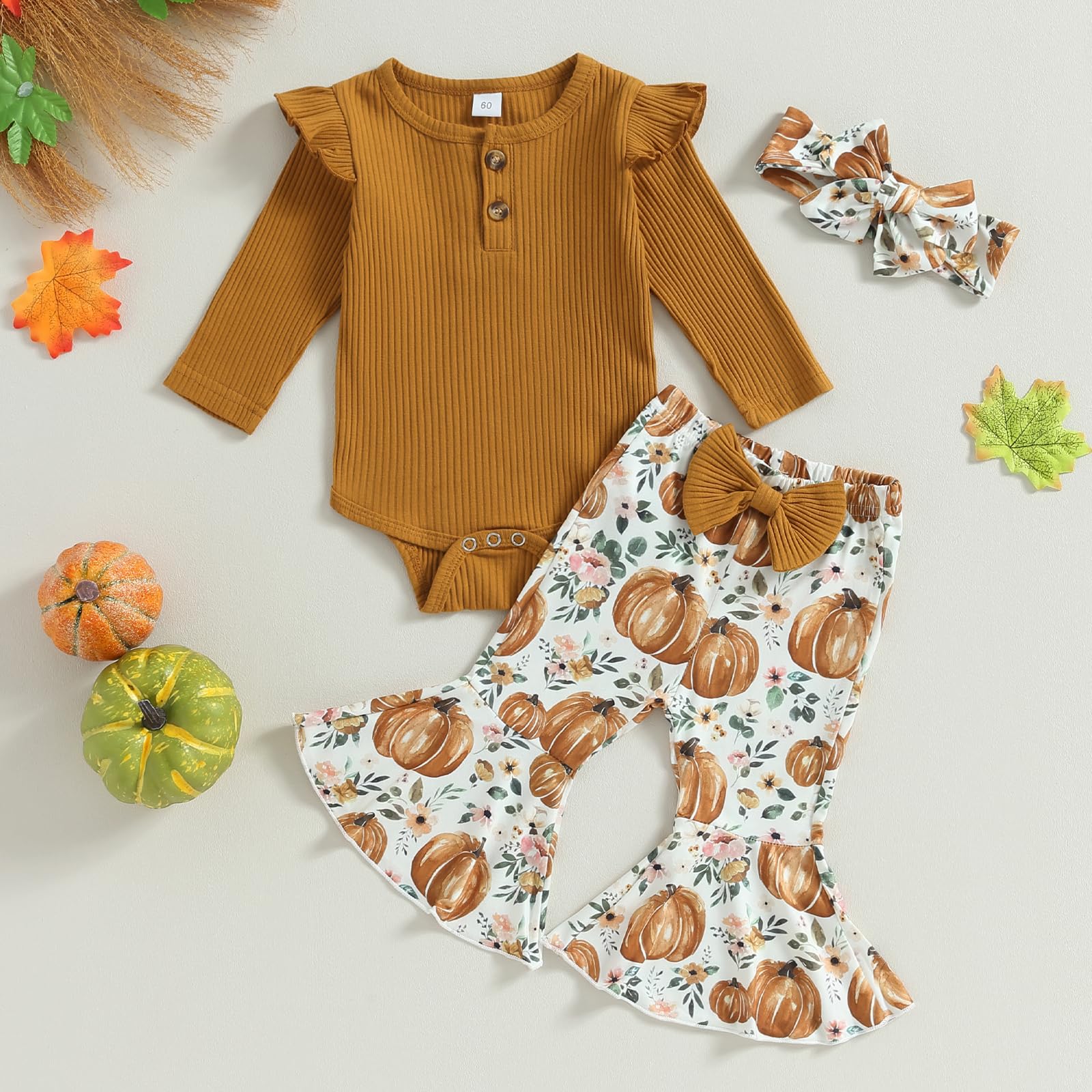 fhutpw Baby Girl Clothes Newborn 3 6 12 18 Months Fall Outfits Ruffle Knitted Long Seeve Romper Top & Flare Pants Sets (Halloween-brown 1, 3-6 Months)