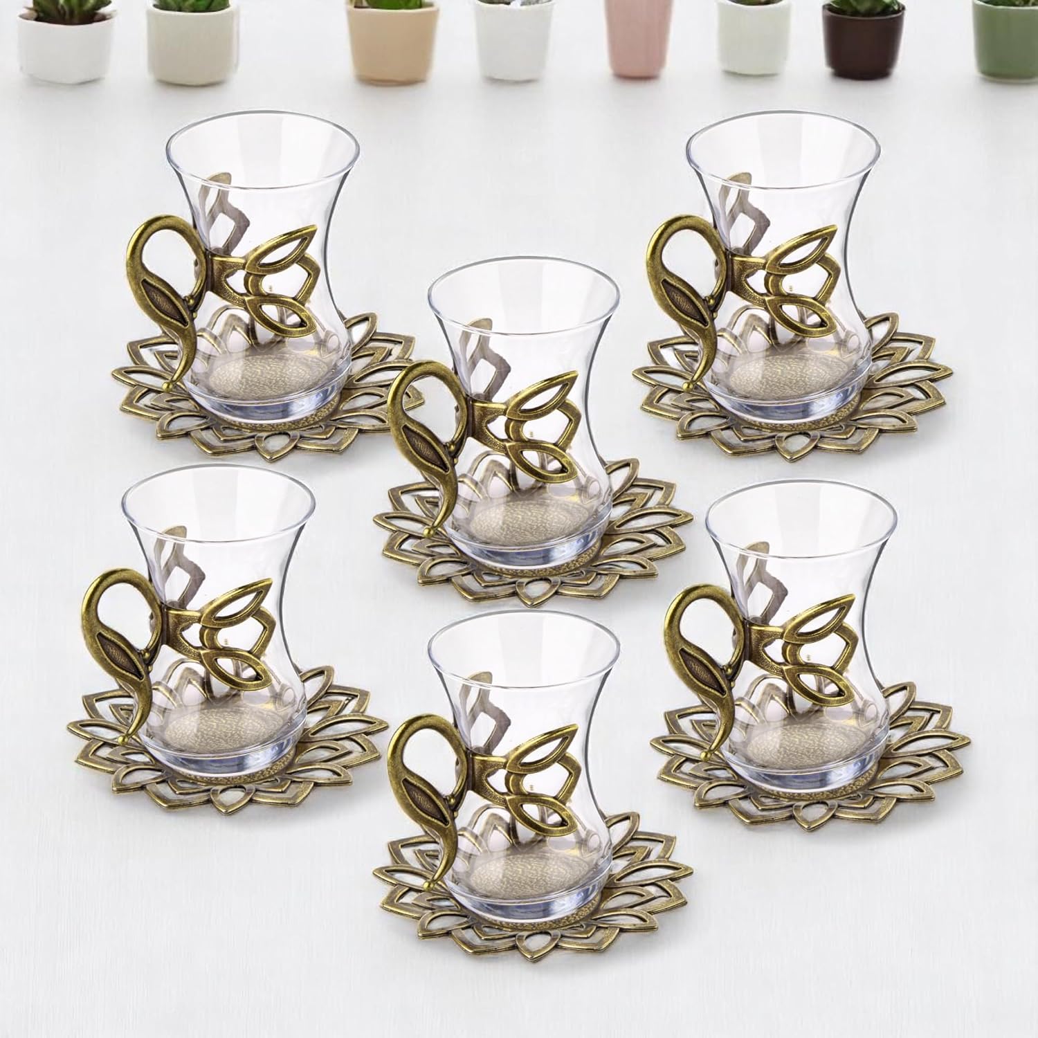 Alisveristime (Set of 6) Turkish Tea Set with Zamac Holders, Glass Cups & Saucers – 100ml Capacity, Ottoman Style, 4 Color Options (Antique Green)