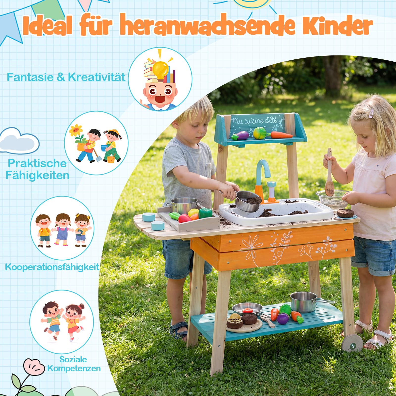 COSTWAY Matschküche Kinder Outdoor, Kinderküche Holz inkl. Spülbecken mit Wasserpumpfunktion, Gartenspielküche mit Grillrost, Outdoorküche für Kinder