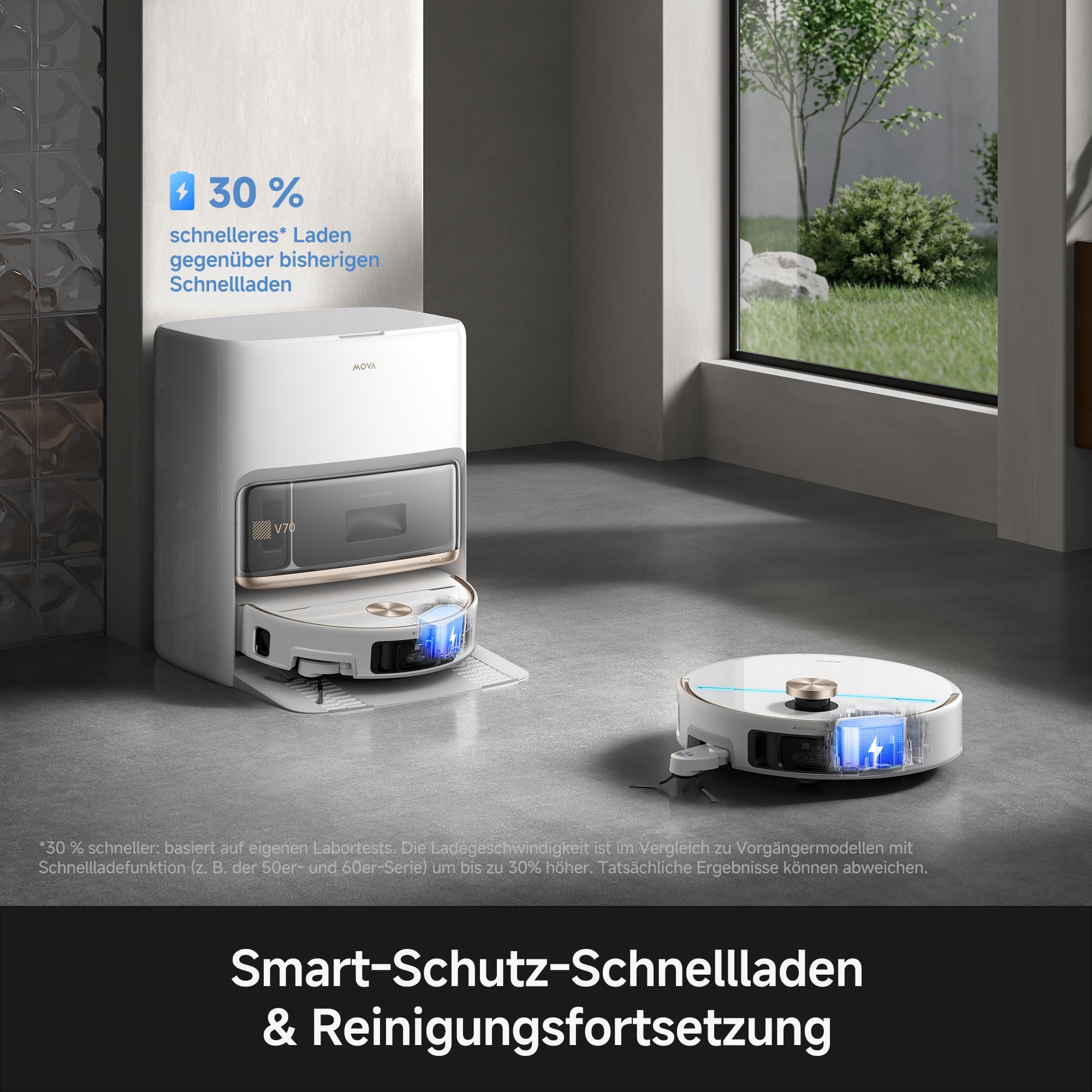 Mova V70 Ultra Complete X Saugroboter, MaxiReachX-Doppelverlängerung Seitenbürste & Mopp, 40.000 Pa Saugkraft, 15N Abwärtsdruck & 300 U/min Wischen, 9 cm Hindernisüberwindung, EcoCyclone-Staubbehälter