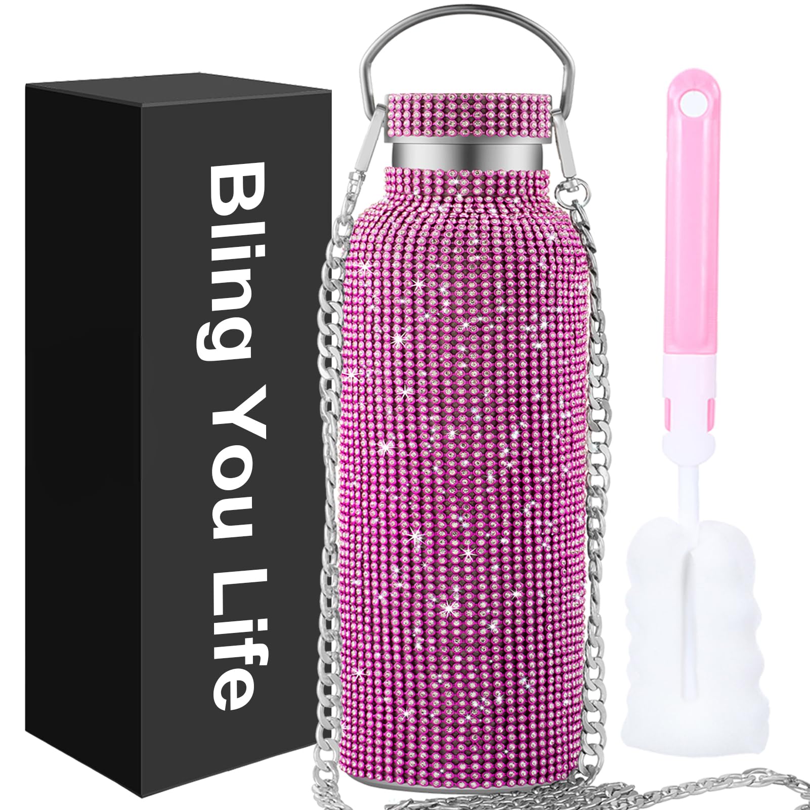 Bling Water Bottle Rhinestone,Diamond Cup,Glitter Stainless Steel Thermal Bottle with 55In Chain,Sparkly Gifts for Girls Women,Rhinestone Tumbler for Anniversary,Birthday (Pink)