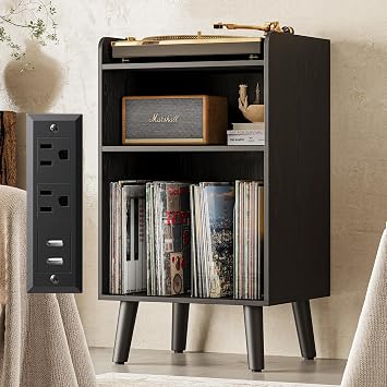 Record Player Stand, Turntable Stand with Record Storage and Charging Station & USB Ports, Record Player Table with Metal Divider, Record Stand Up to 160 Albums for Living Room, Bedroom,Black